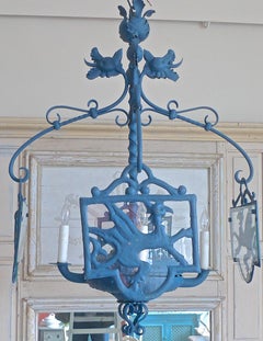 Spanish Metal and Glass Chandelier with Four Lights and Four Dragon Guards