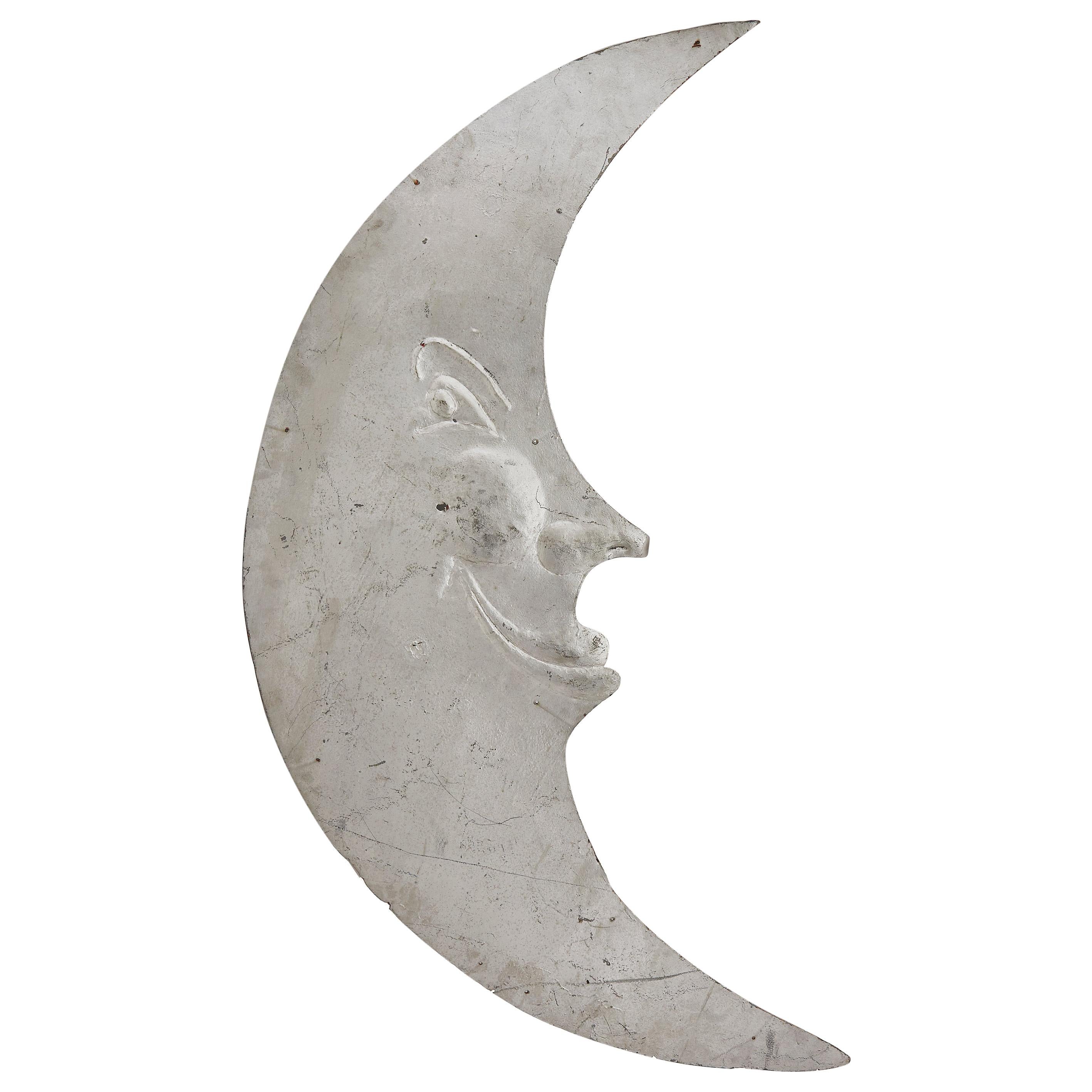 Spanish Zinc Novelty Bar Sign in the form of a Smiling Crescent Moon, circa 1950 For Sale