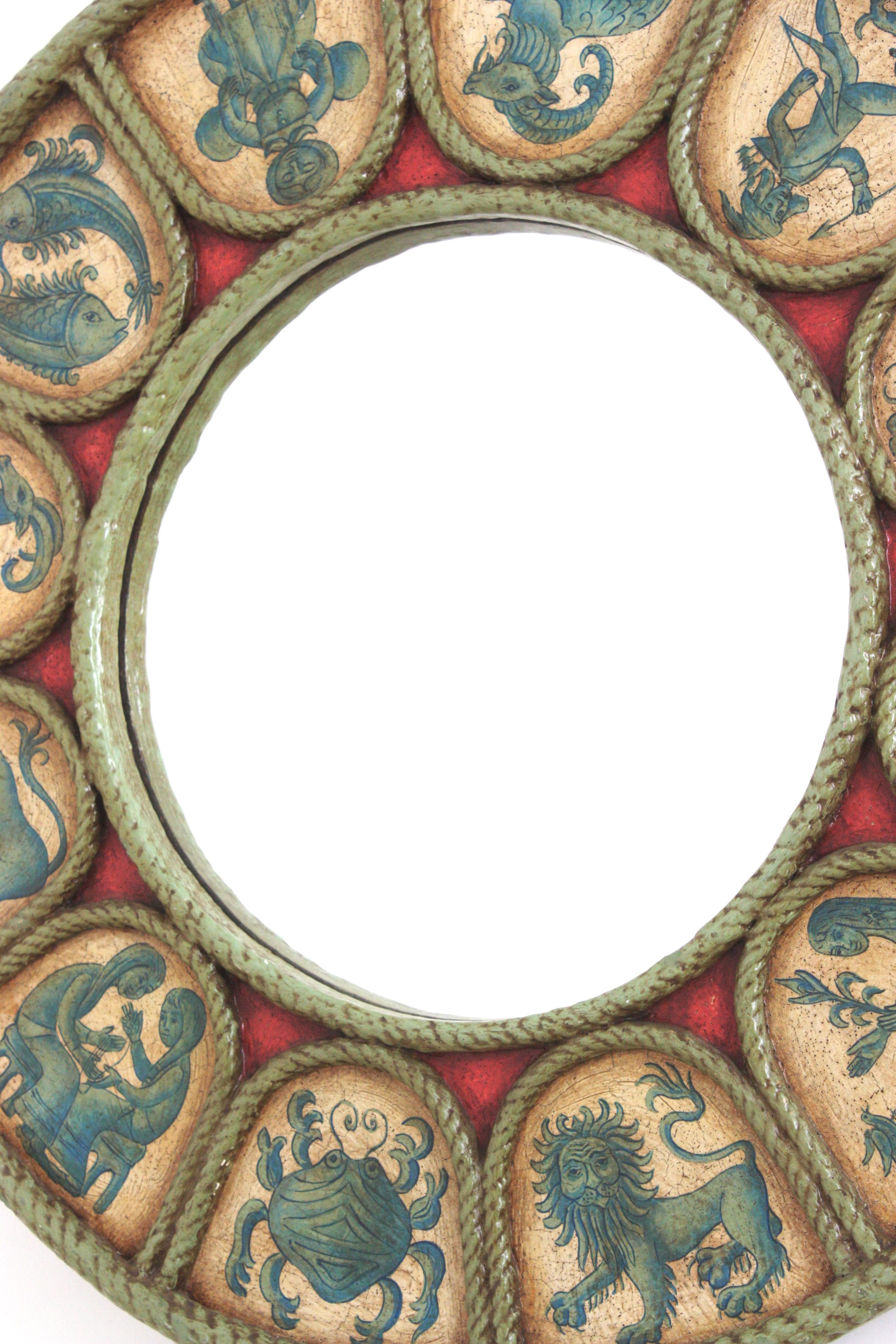Spanish Zodiac Round Mirror with Blue, Beige & Red Polychrome Carved Frame, 1950 For Sale 5