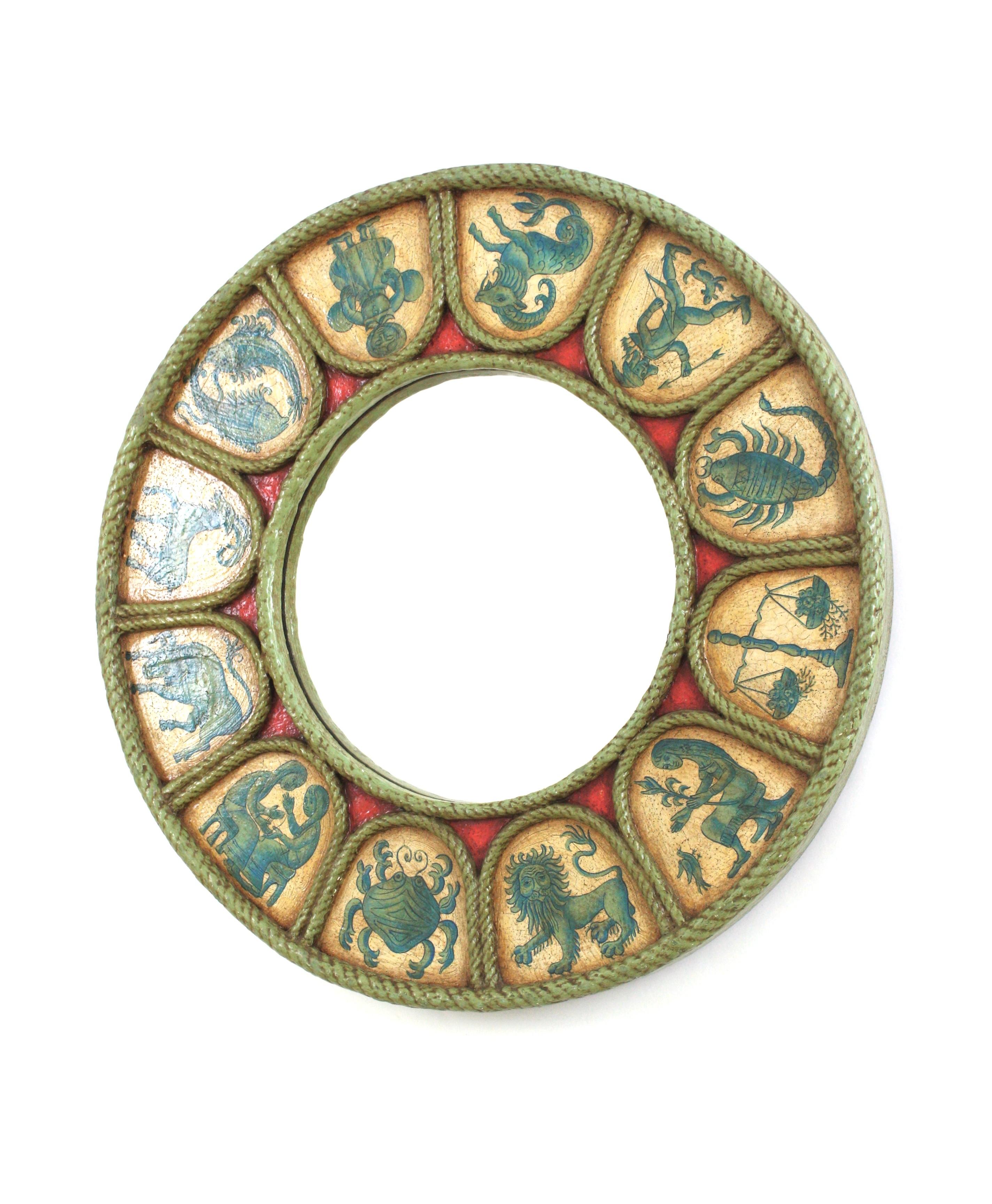Spanish Zodiac Round Mirror with Blue, Beige & Red Polychrome Carved Frame, 1950 For Sale 7
