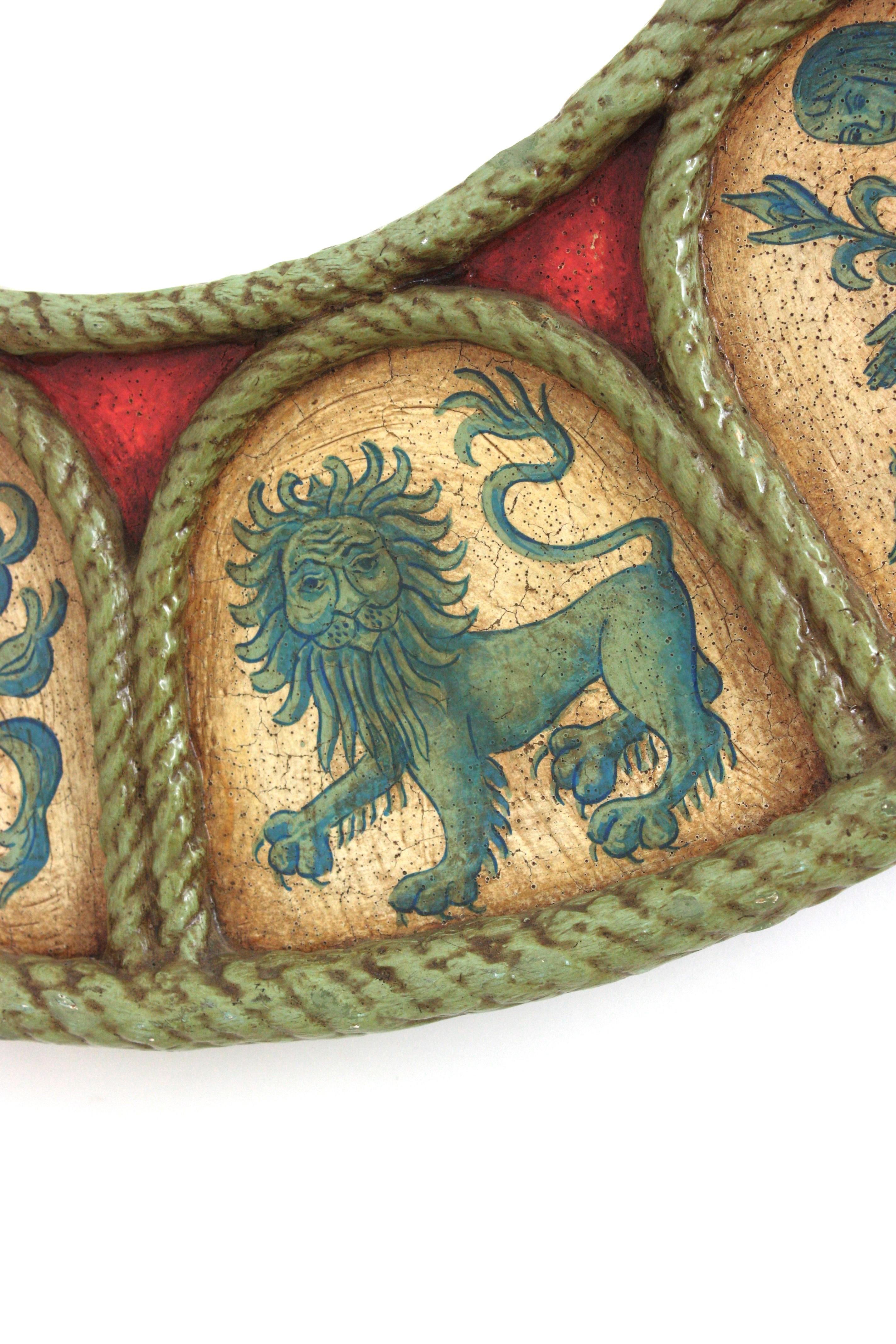 Spanish Zodiac Round Mirror with Blue, Beige & Red Polychrome Carved Frame, 1950 For Sale 8