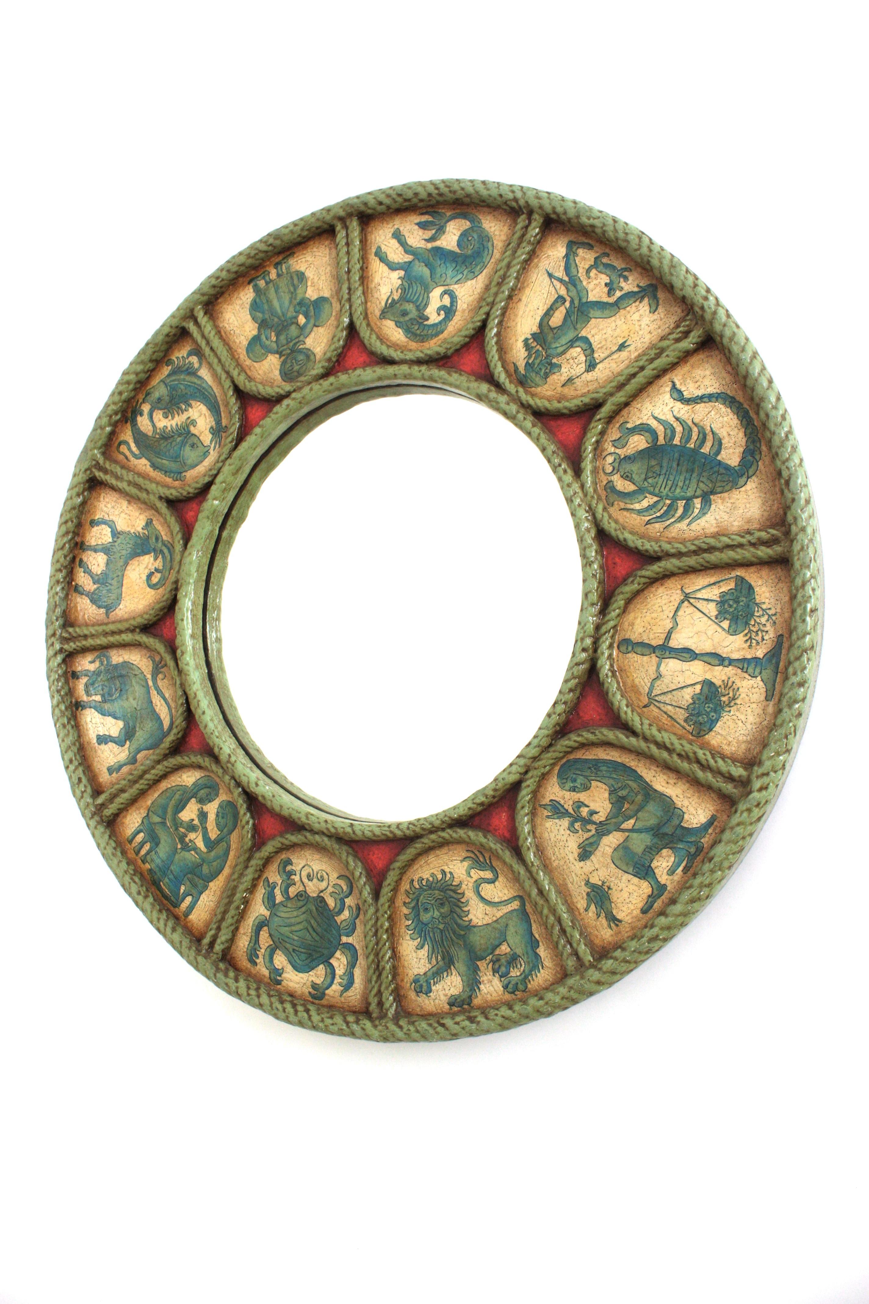 Spanish Zodiac Round Mirror with Blue, Beige & Red Polychrome Carved Frame, 1950 For Sale 9