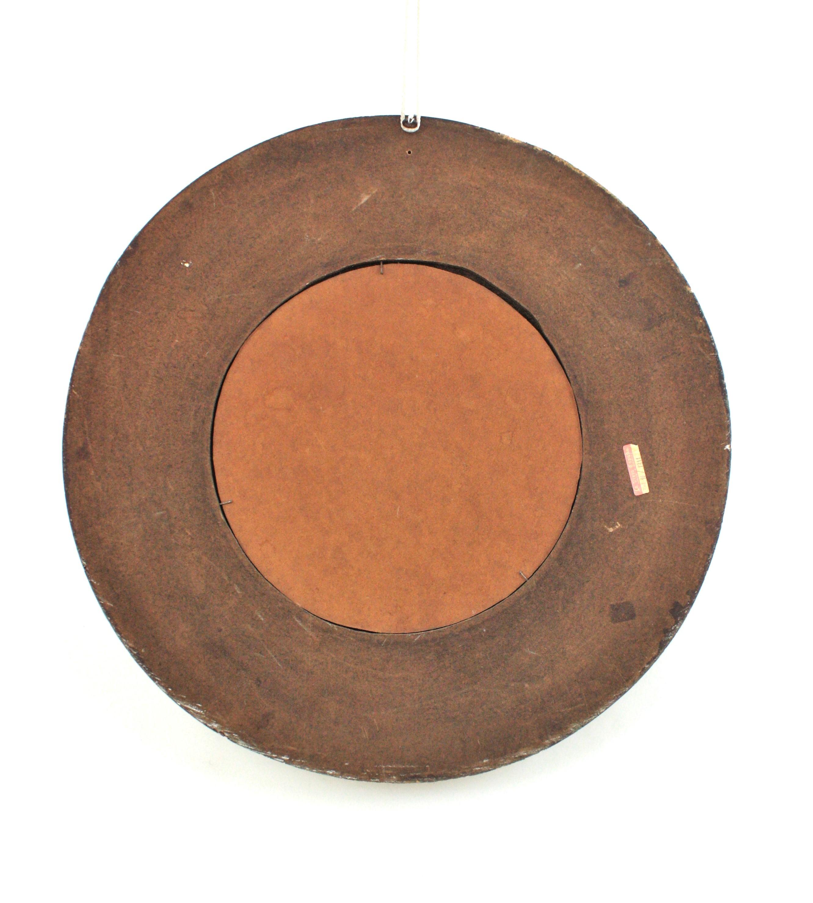Spanish Zodiac Round Mirror with Blue, Beige & Red Polychrome Carved Frame, 1950 For Sale 10