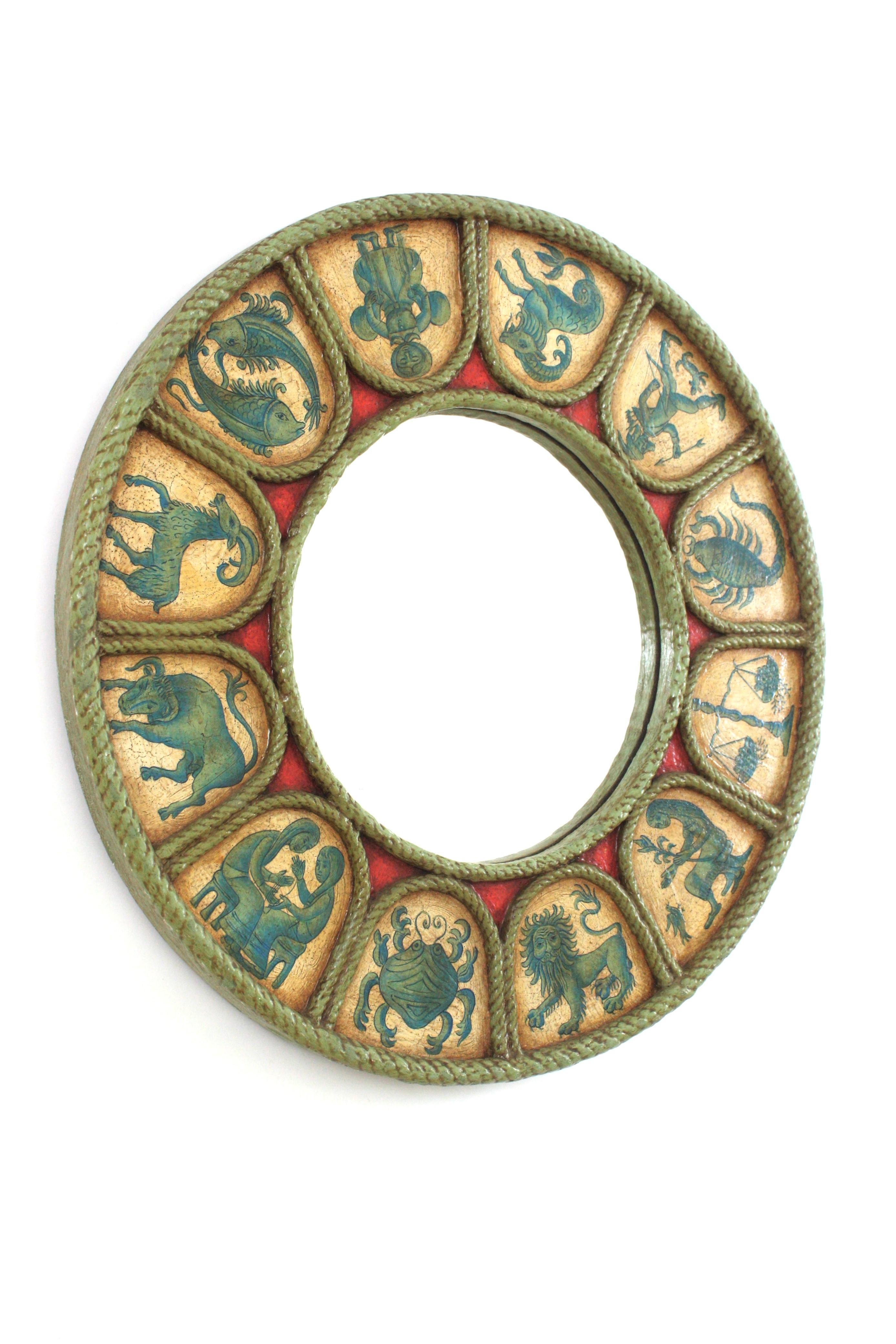 Mid-Century Modern Spanish Zodiac Round Mirror with Blue, Beige & Red Polychrome Carved Frame, 1950 For Sale