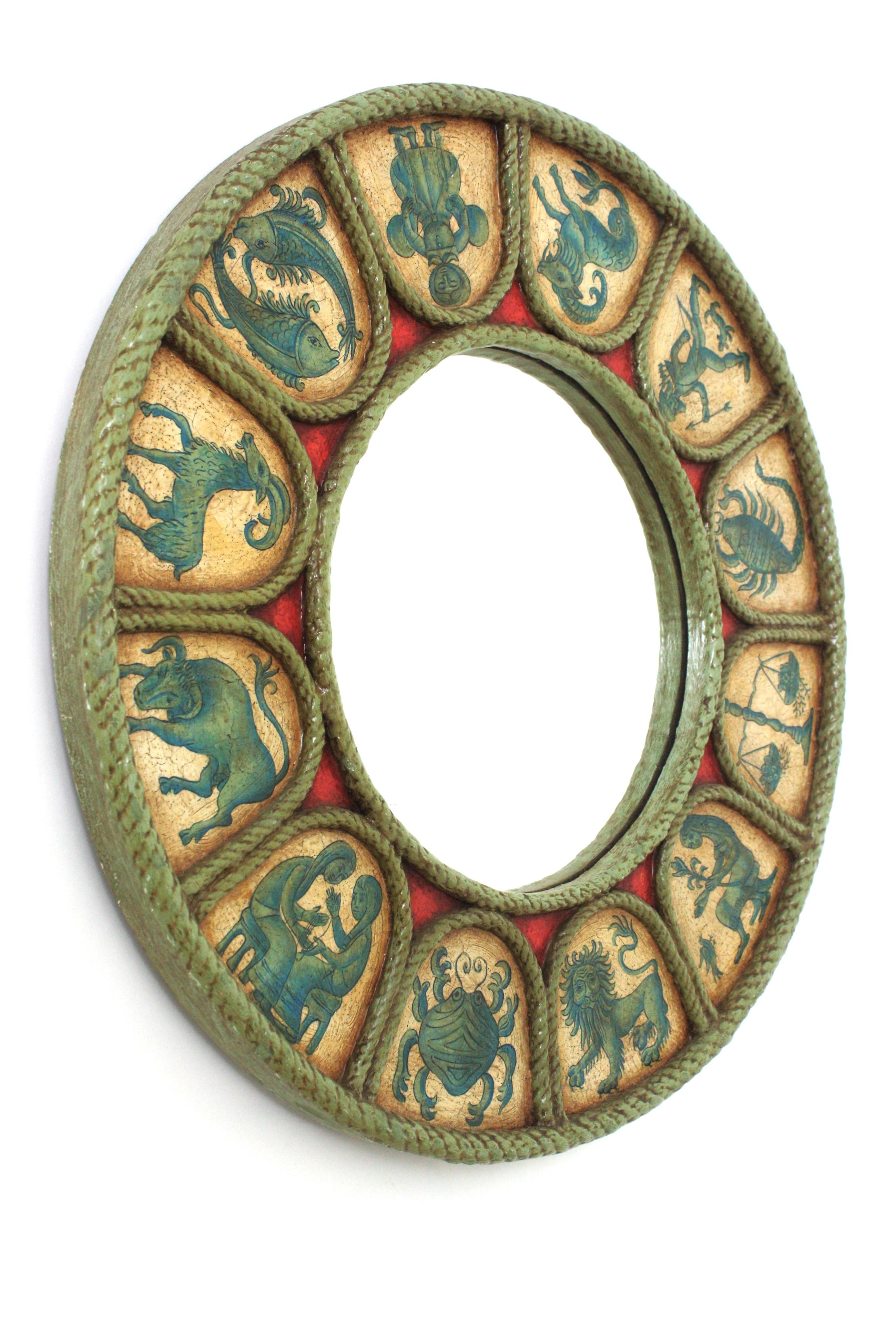 Hand-Crafted Spanish Zodiac Round Mirror with Blue, Beige & Red Polychrome Carved Frame, 1950 For Sale