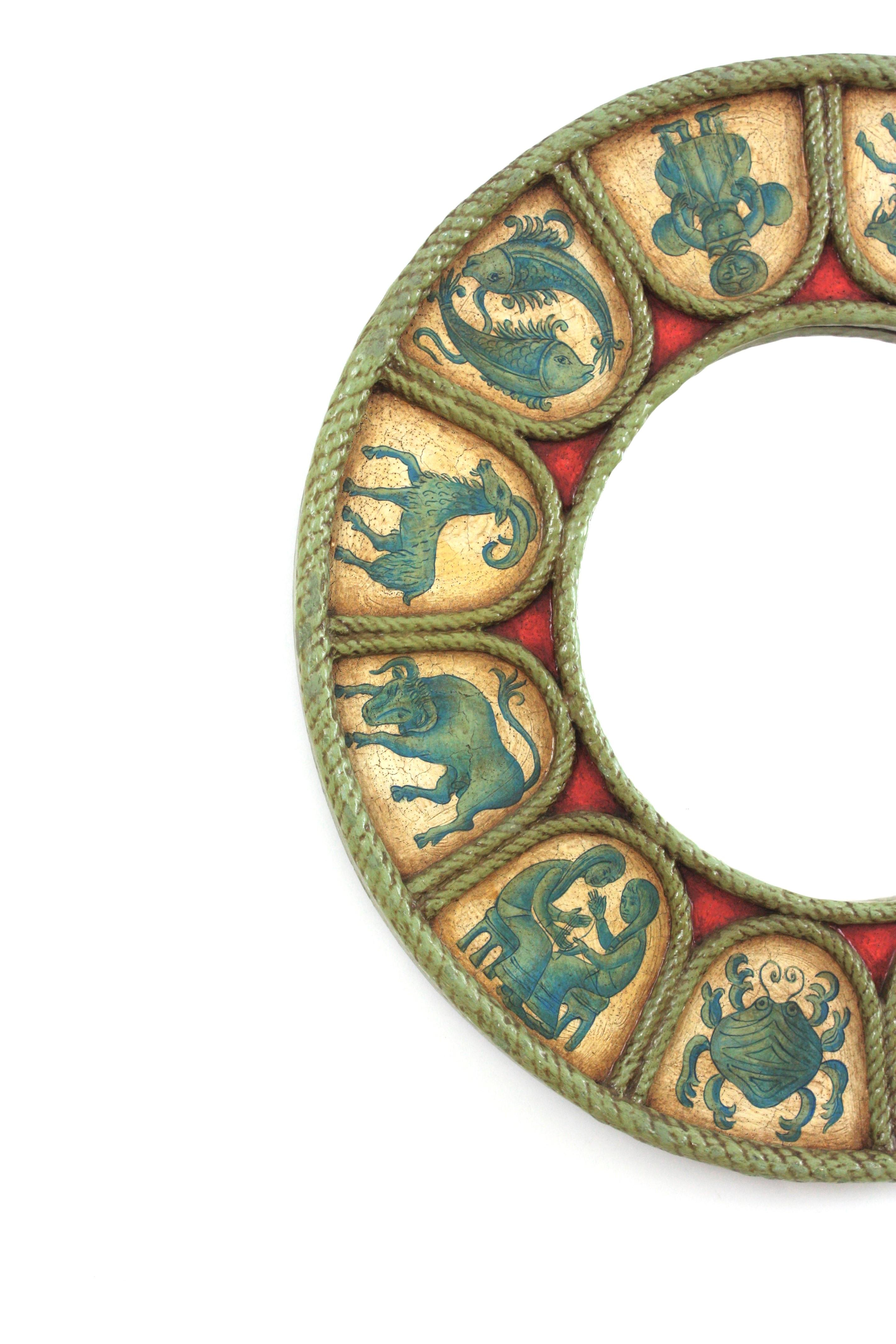 20th Century Spanish Zodiac Round Mirror with Blue, Beige & Red Polychrome Carved Frame, 1950 For Sale
