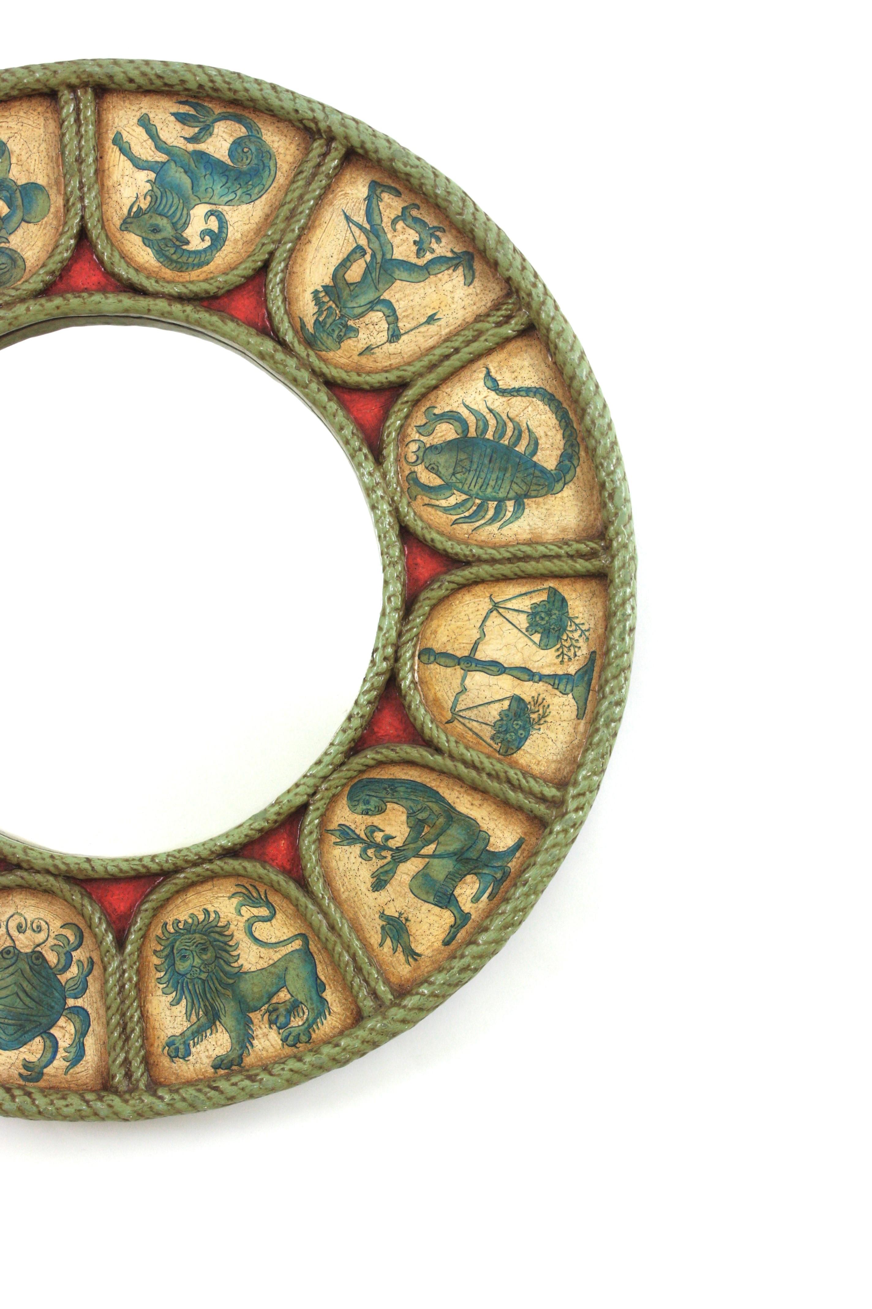 Spanish Zodiac Round Mirror with Blue, Beige & Red Polychrome Carved Frame, 1950 For Sale 1