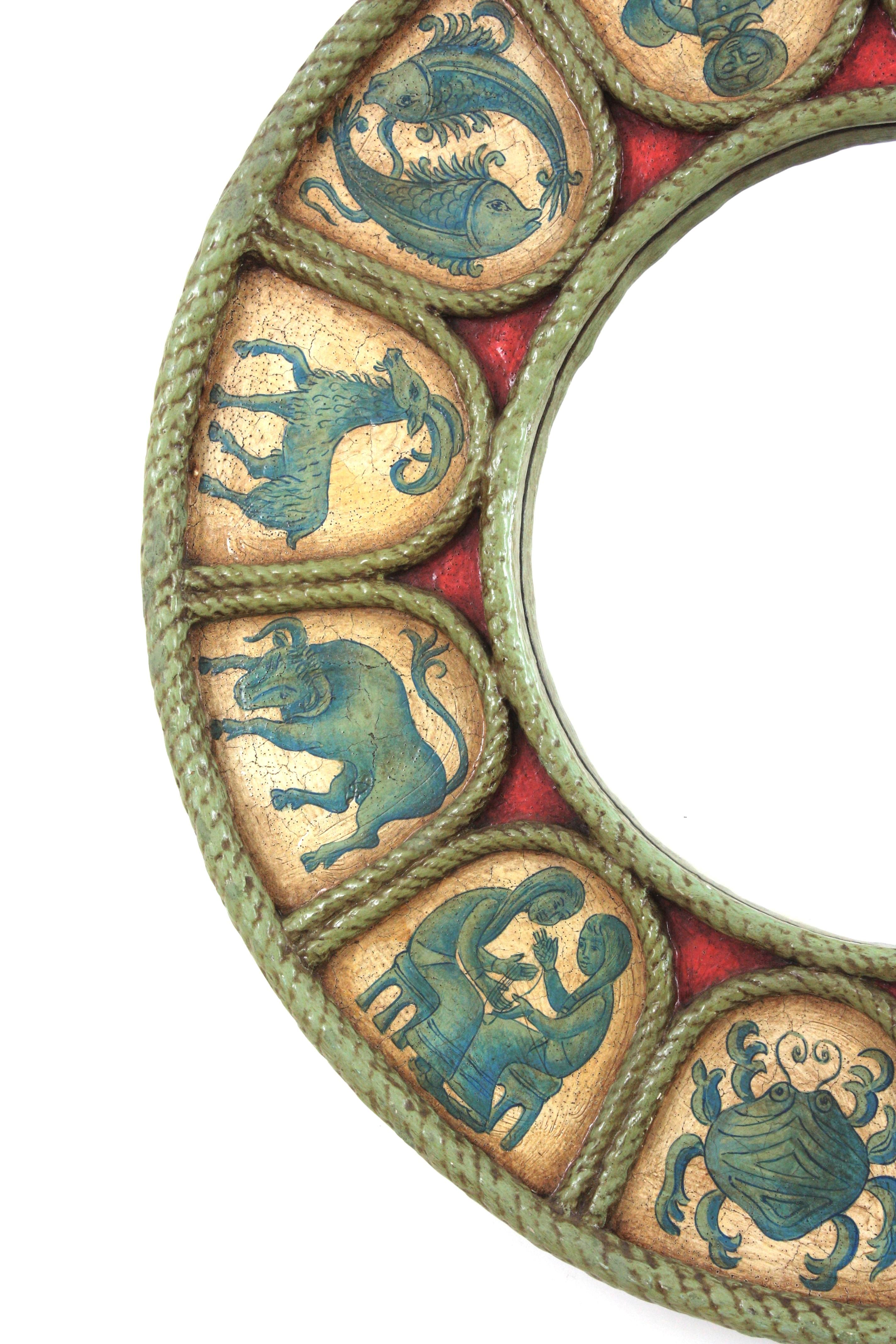Spanish Zodiac Round Mirror with Blue, Beige & Red Polychrome Carved Frame, 1950 For Sale 3
