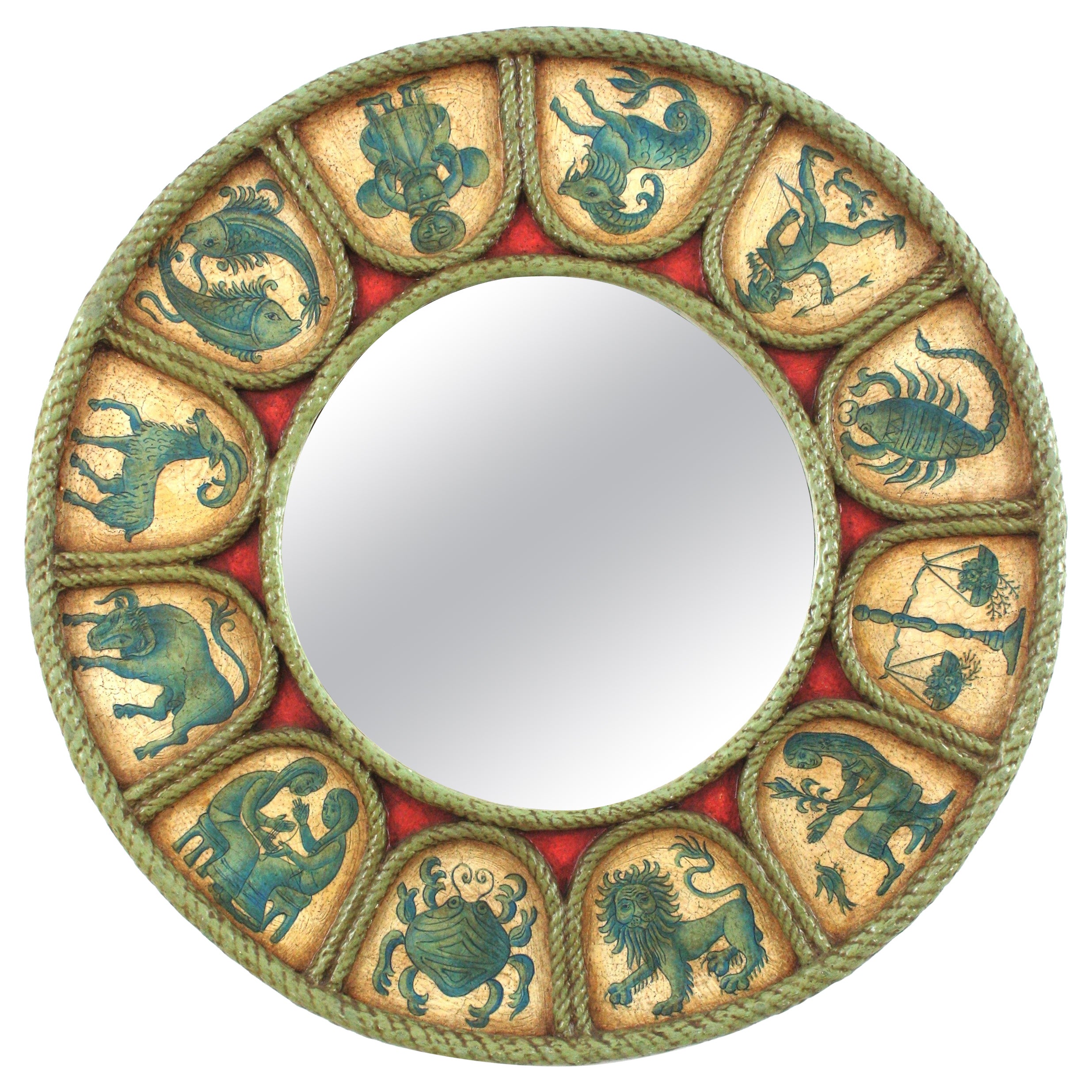 Miroir rond Zodiac espagnol avec cadre sculpté polychrome bleu, beige et rouge, 1950
