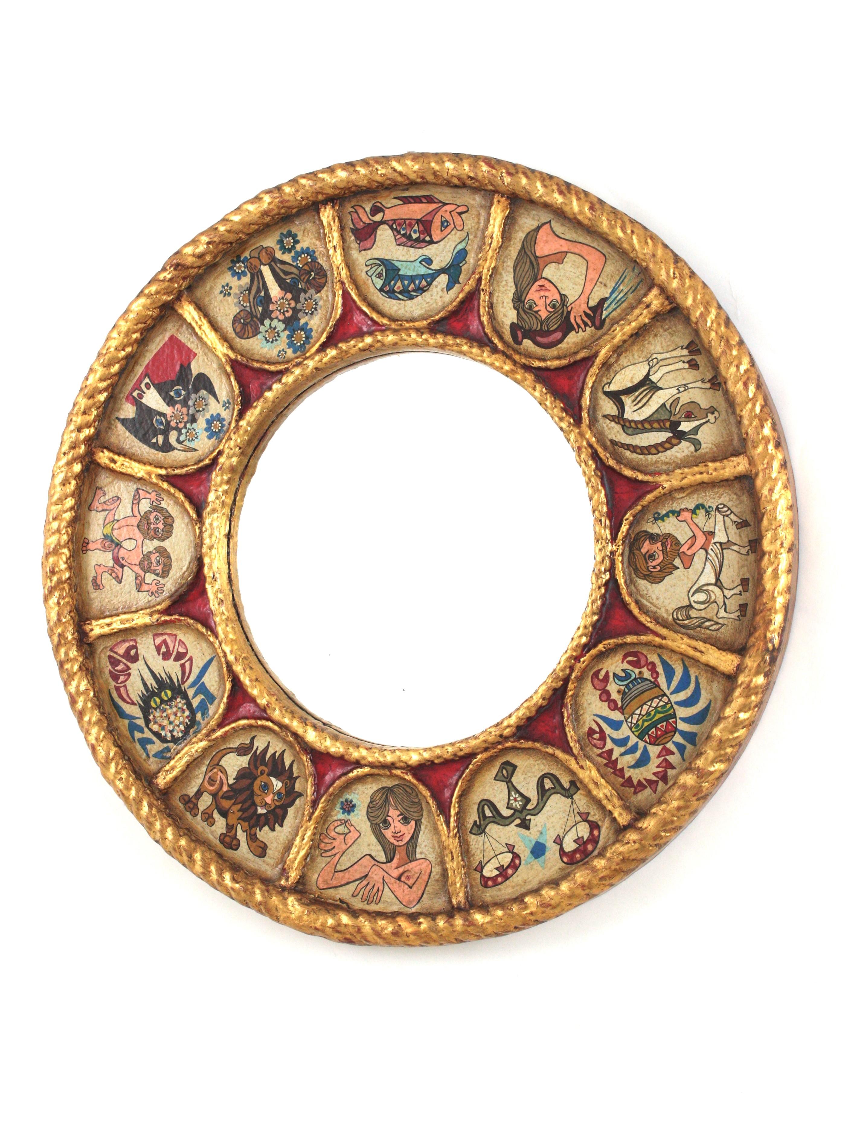 Spanish Zodiac Round Mirror with Gilt Polychrome Carved Frame, 1950s For Sale 6