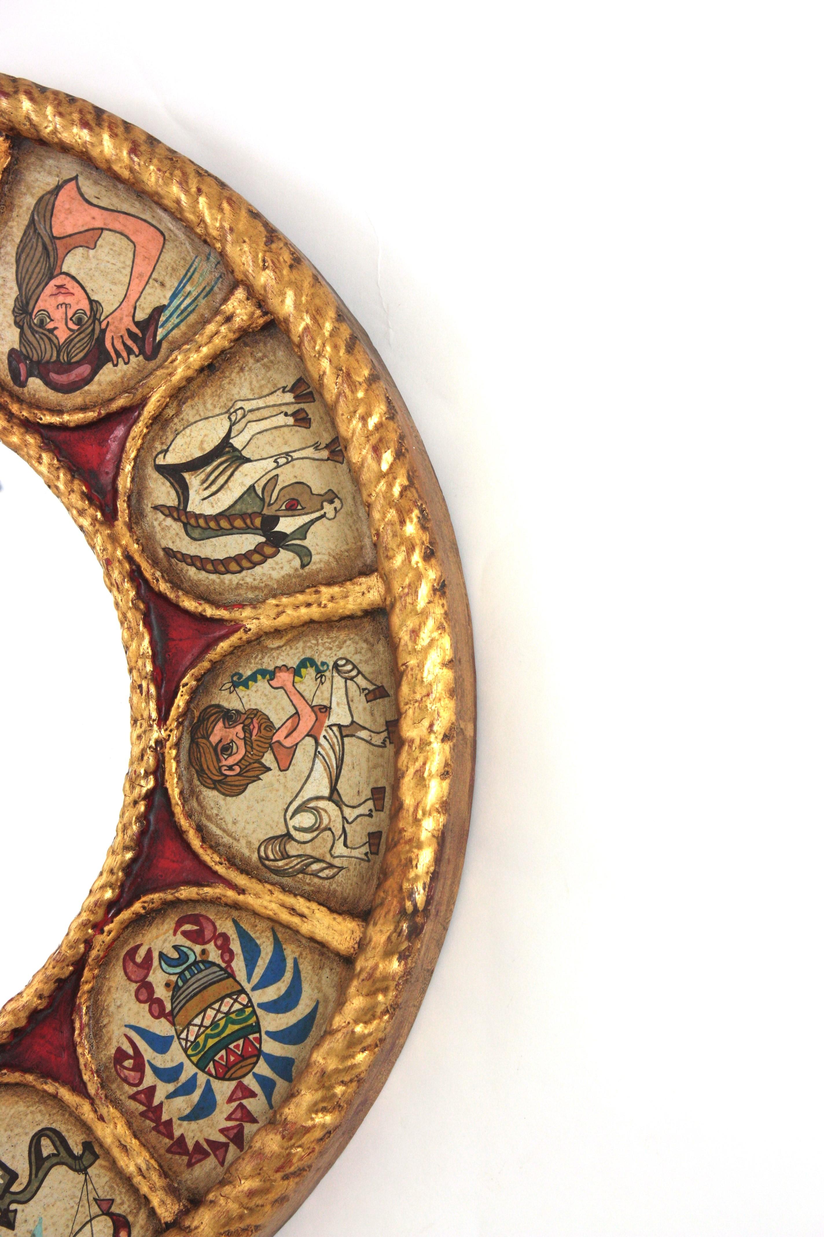 Spanish Zodiac Round Mirror with Gilt Polychrome Carved Frame, 1950s For Sale 7