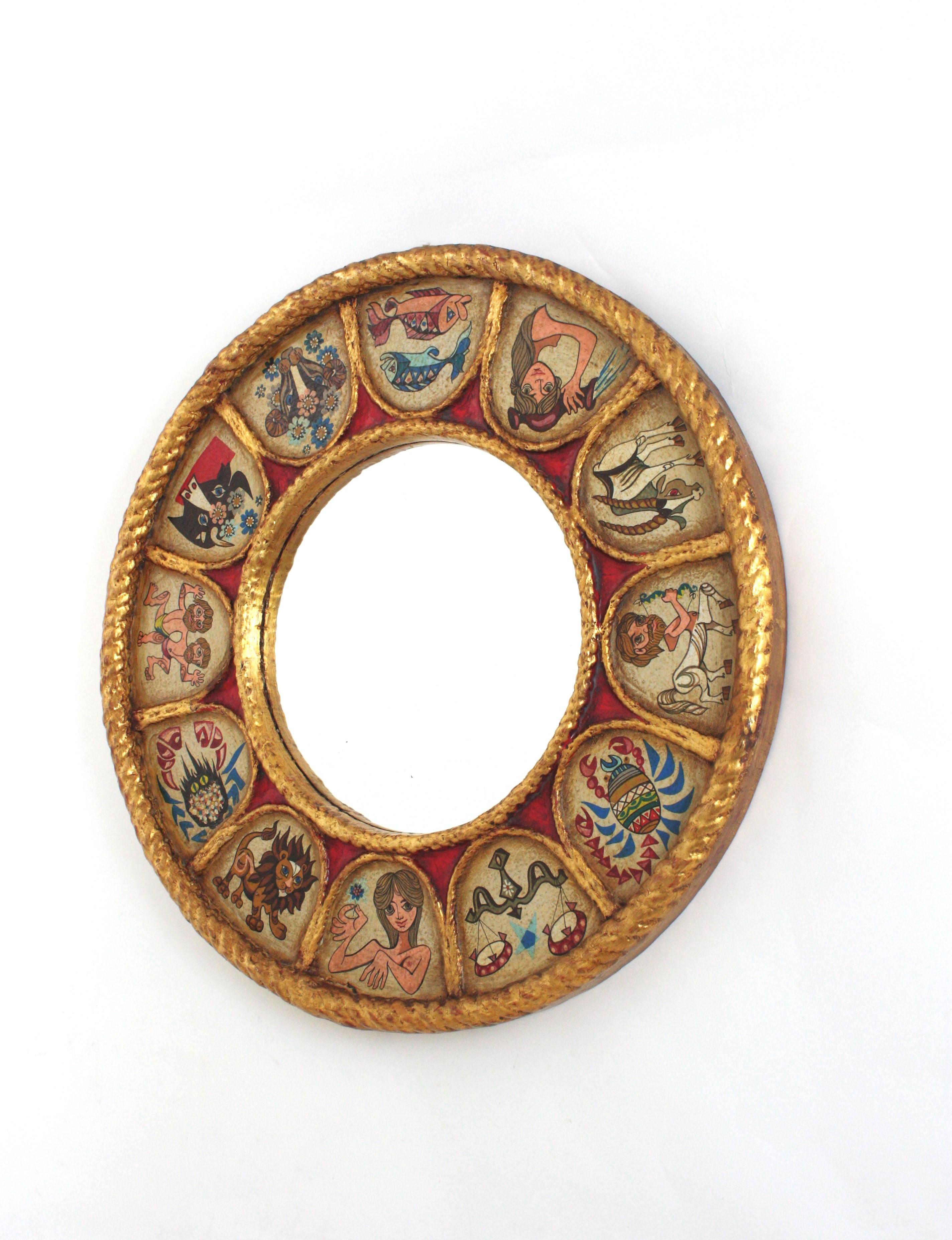 Spanish Zodiac Round Mirror with Gilt Polychrome Carved Frame, 1950s For Sale 8