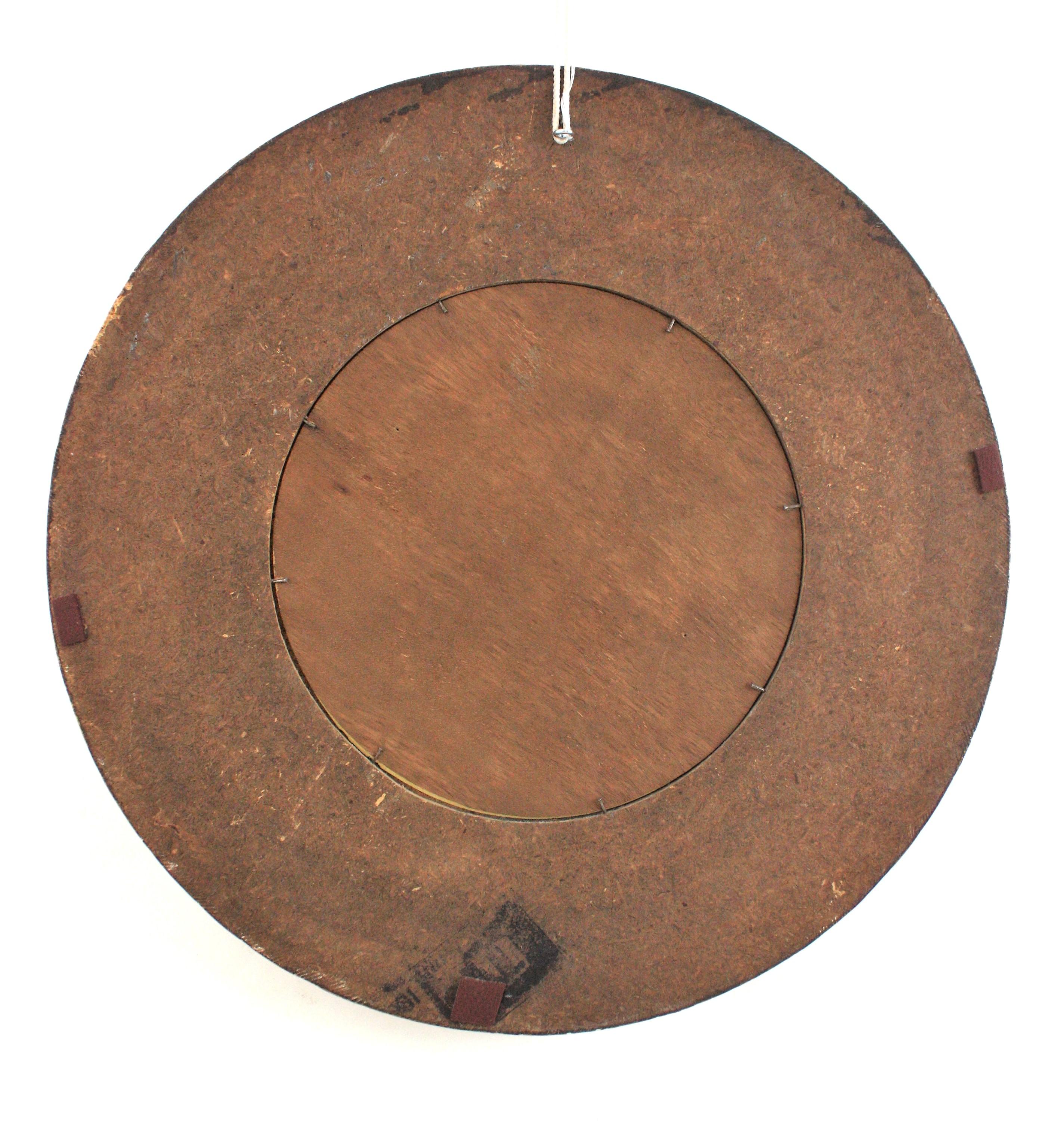 Spanish Zodiac Round Mirror with Gilt Polychrome Carved Frame, 1950s For Sale 9