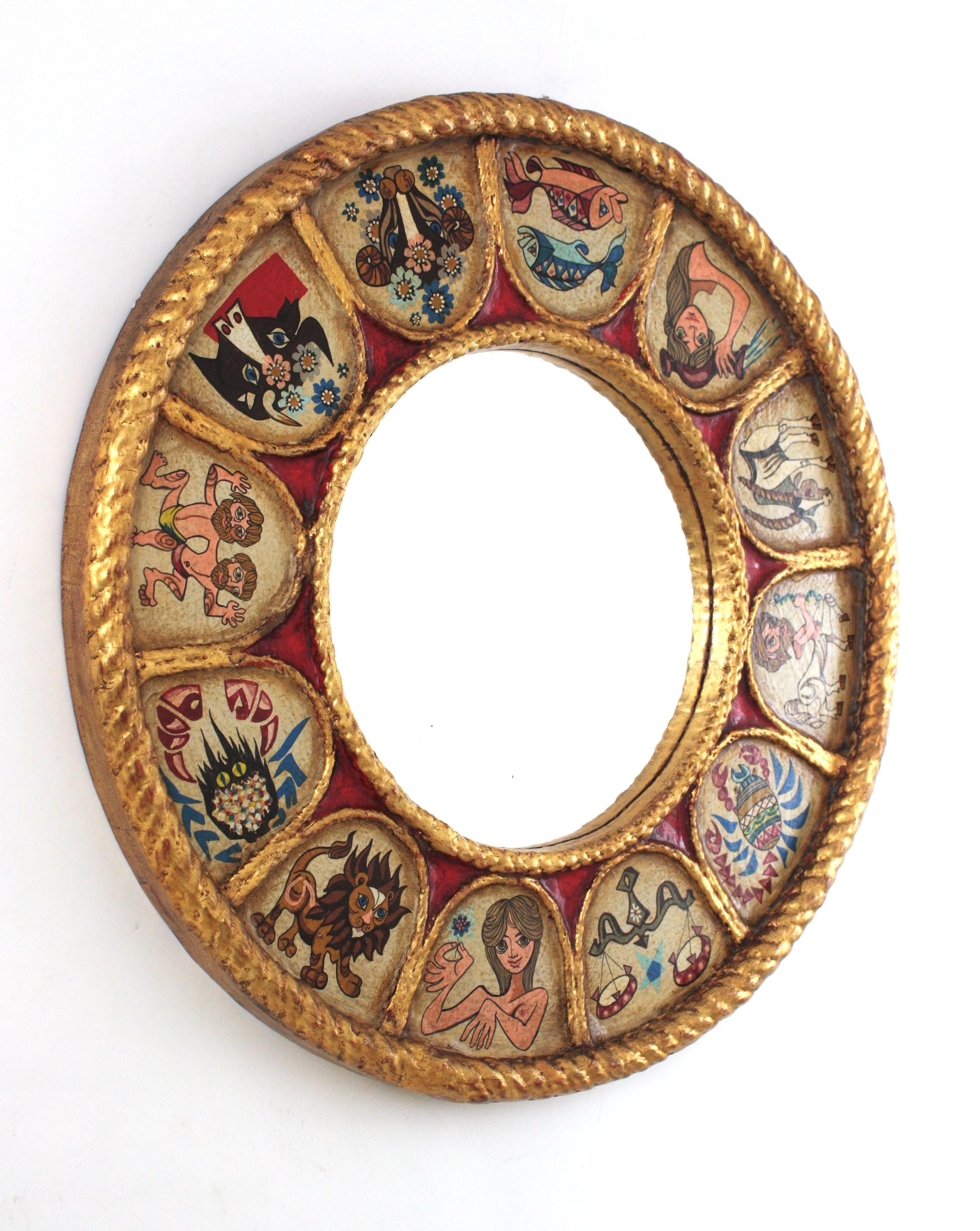 Mid-Century Modern Spanish Zodiac Round Mirror with Gilt Polychrome Carved Frame, 1950s For Sale