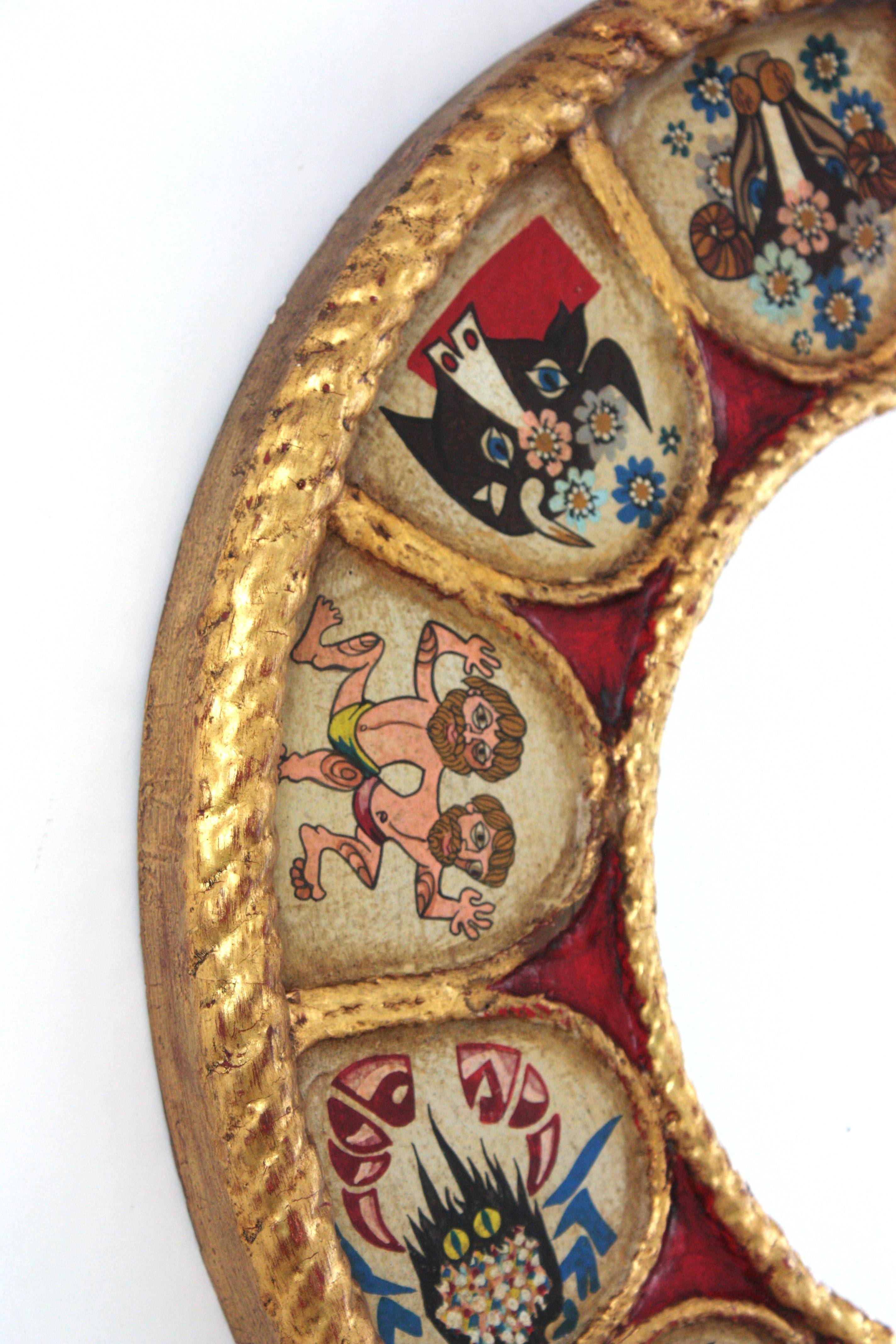 20th Century Spanish Zodiac Round Mirror with Gilt Polychrome Carved Frame, 1950s For Sale