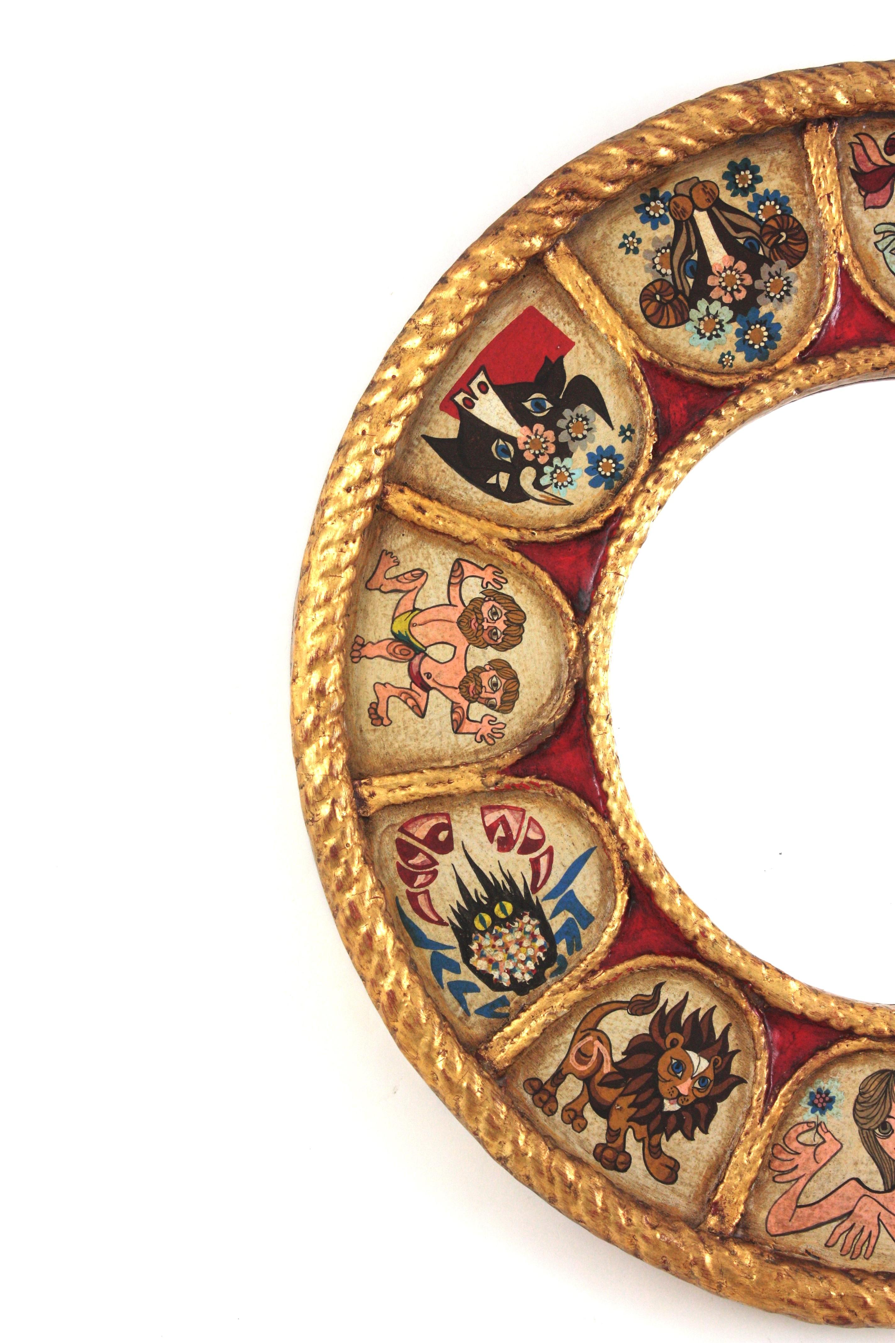 Spanish Zodiac Round Mirror with Gilt Polychrome Carved Frame, 1950s For Sale 1