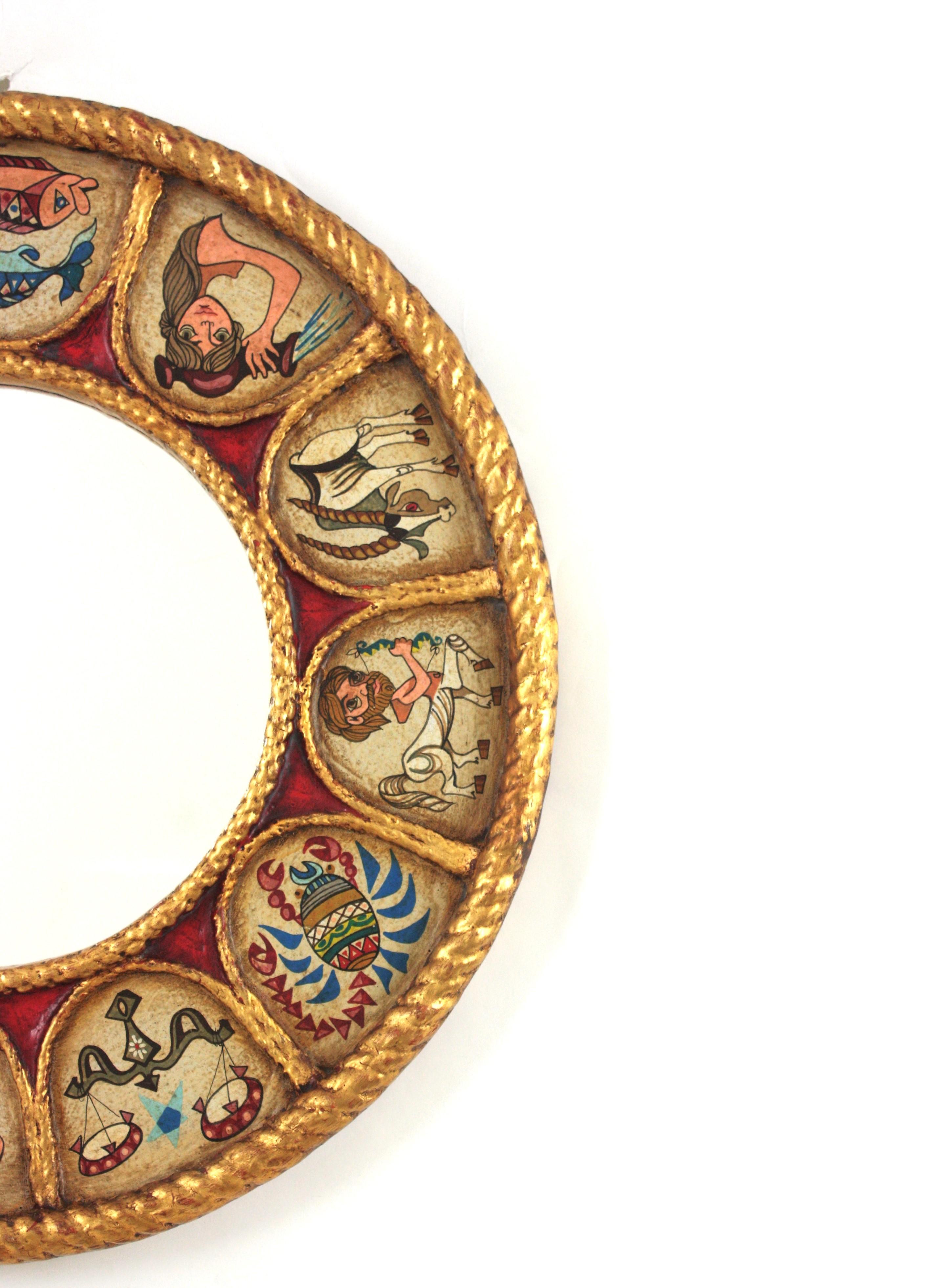Spanish Zodiac Round Mirror with Gilt Polychrome Carved Frame, 1950s For Sale 2