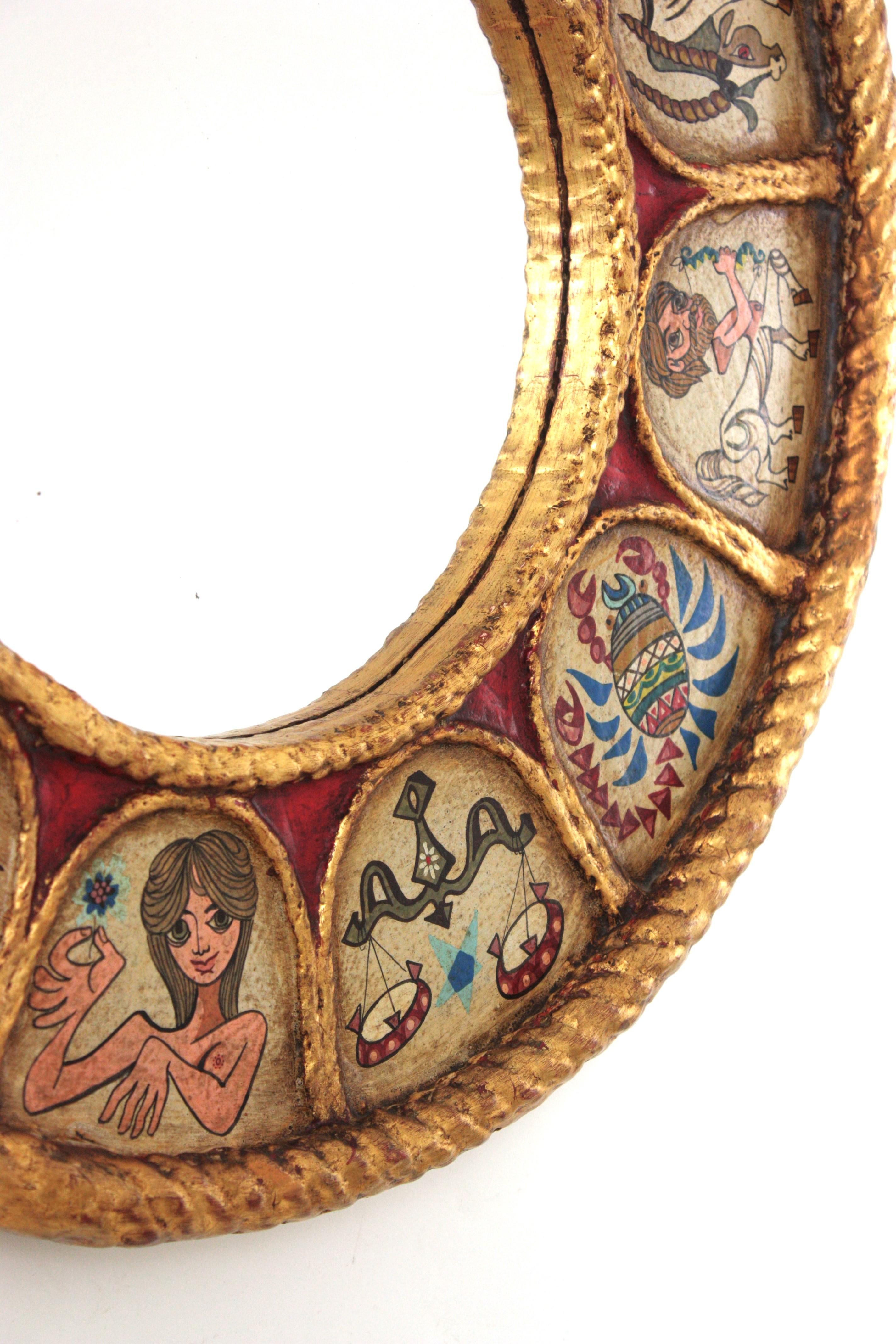 Spanish Zodiac Round Mirror with Gilt Polychrome Carved Frame, 1950s For Sale 3