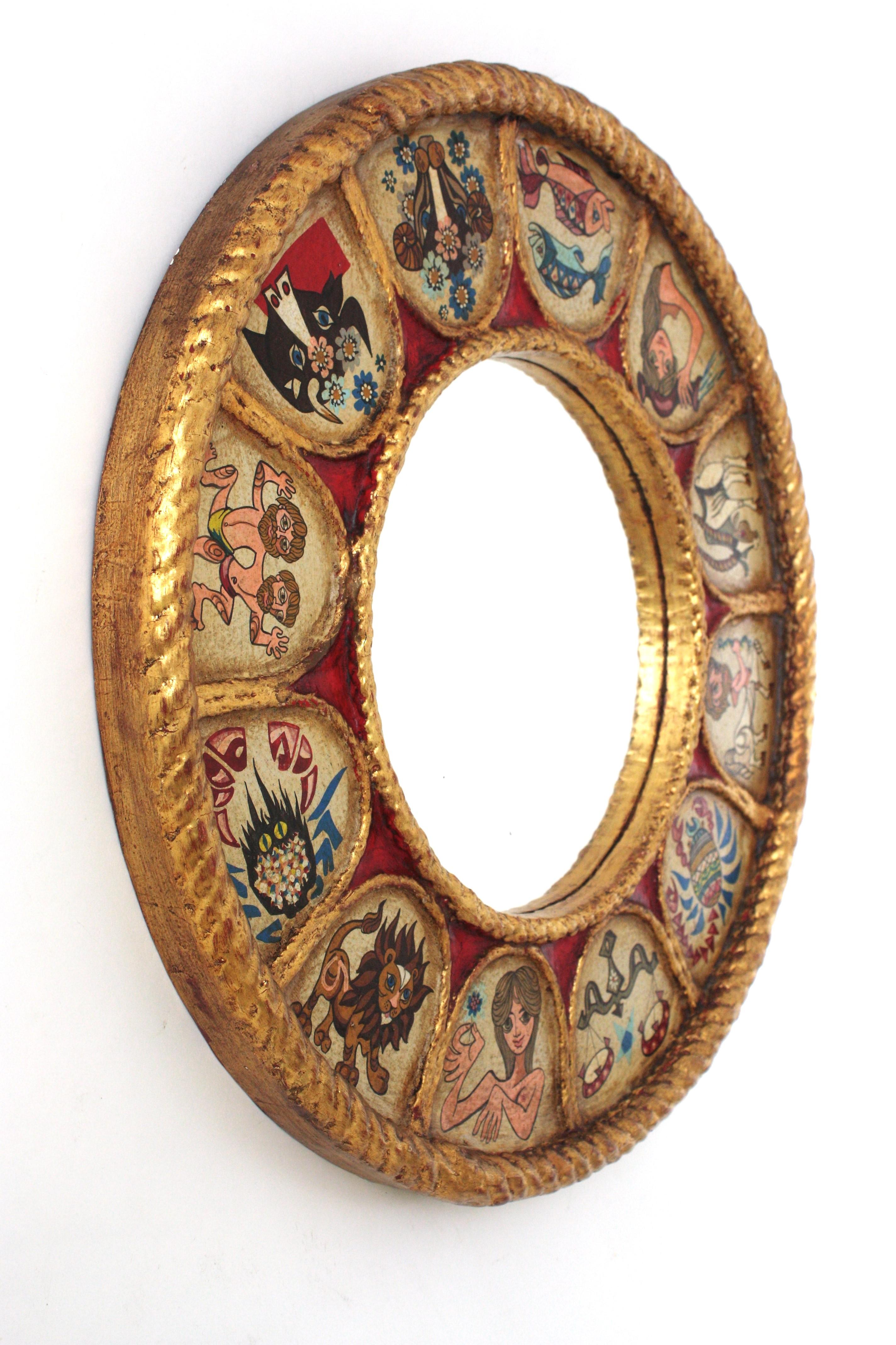 Spanish Zodiac Round Mirror with Gilt Polychrome Carved Frame, 1950s For Sale 4
