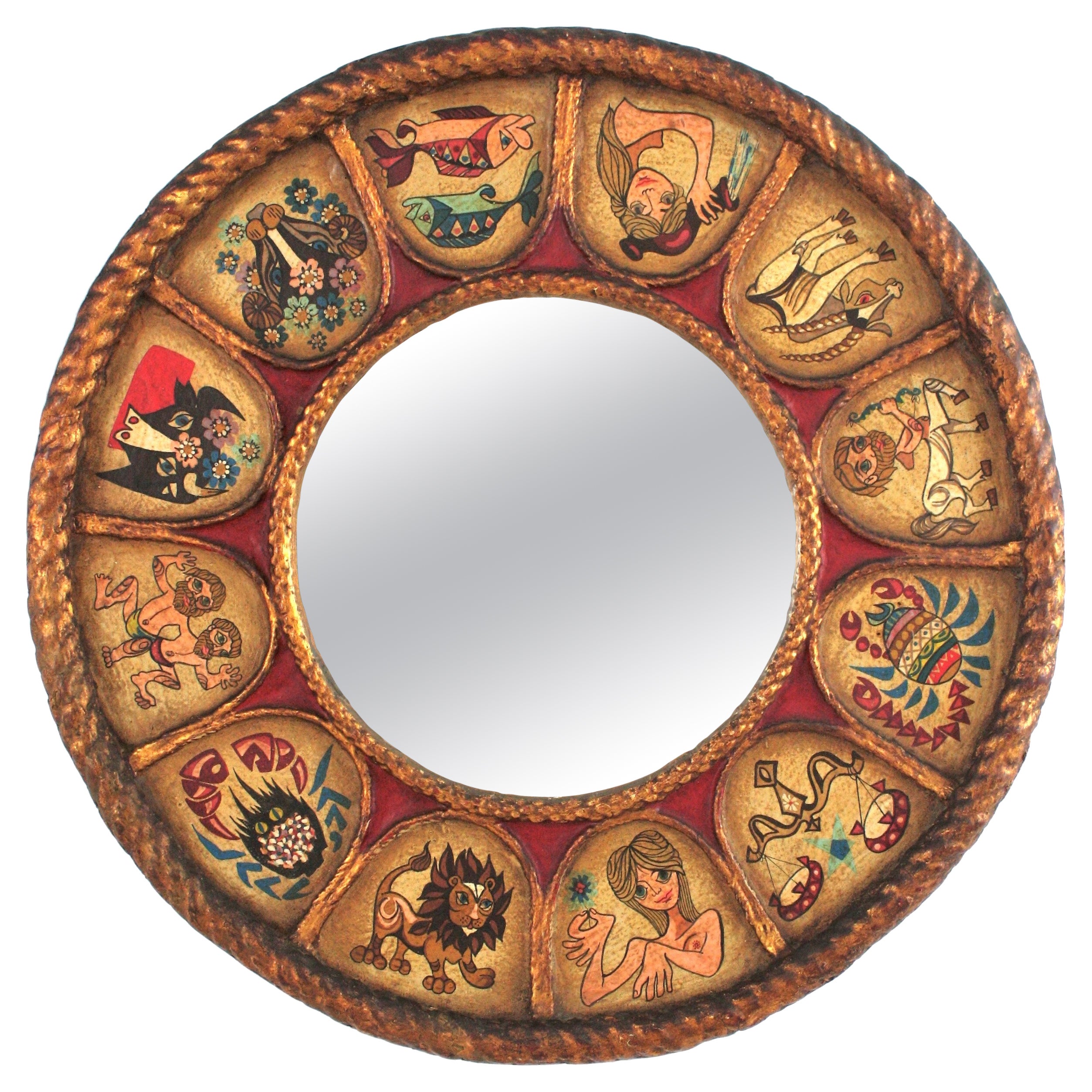 Spanish Zodiac Round Mirror with Giltwood Polychrome Carved Frame, 1950s en venta