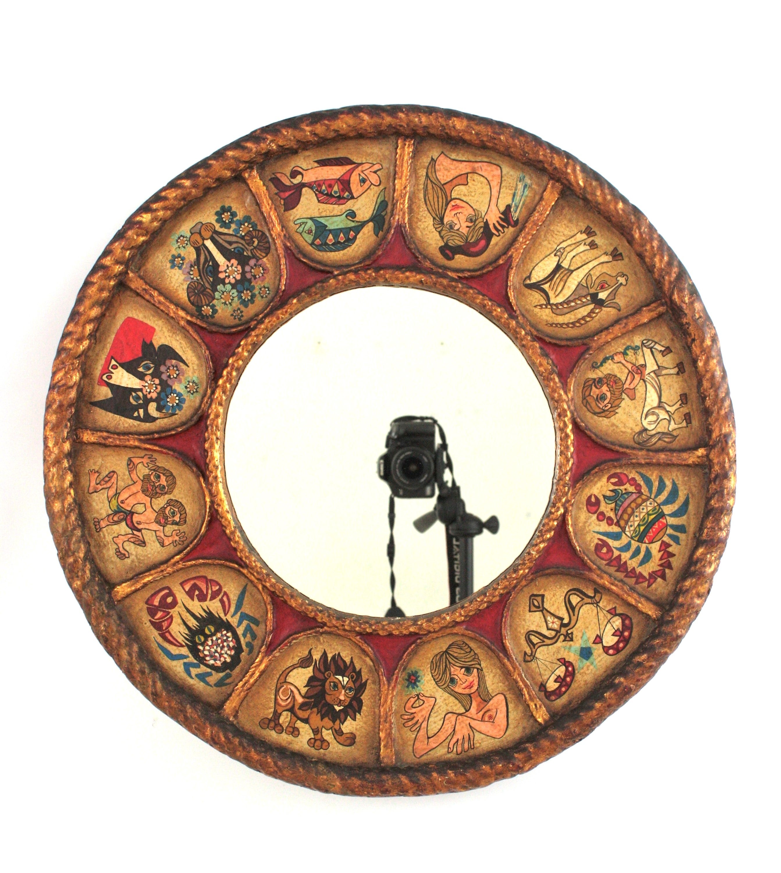 Spanish Zodiac Round Mirror with Giltwood Polychrome Carved Frame, 1950s