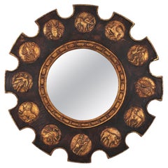Spanish Zodiac Sunburst Mirror with Brown Giltwood Carved Frame