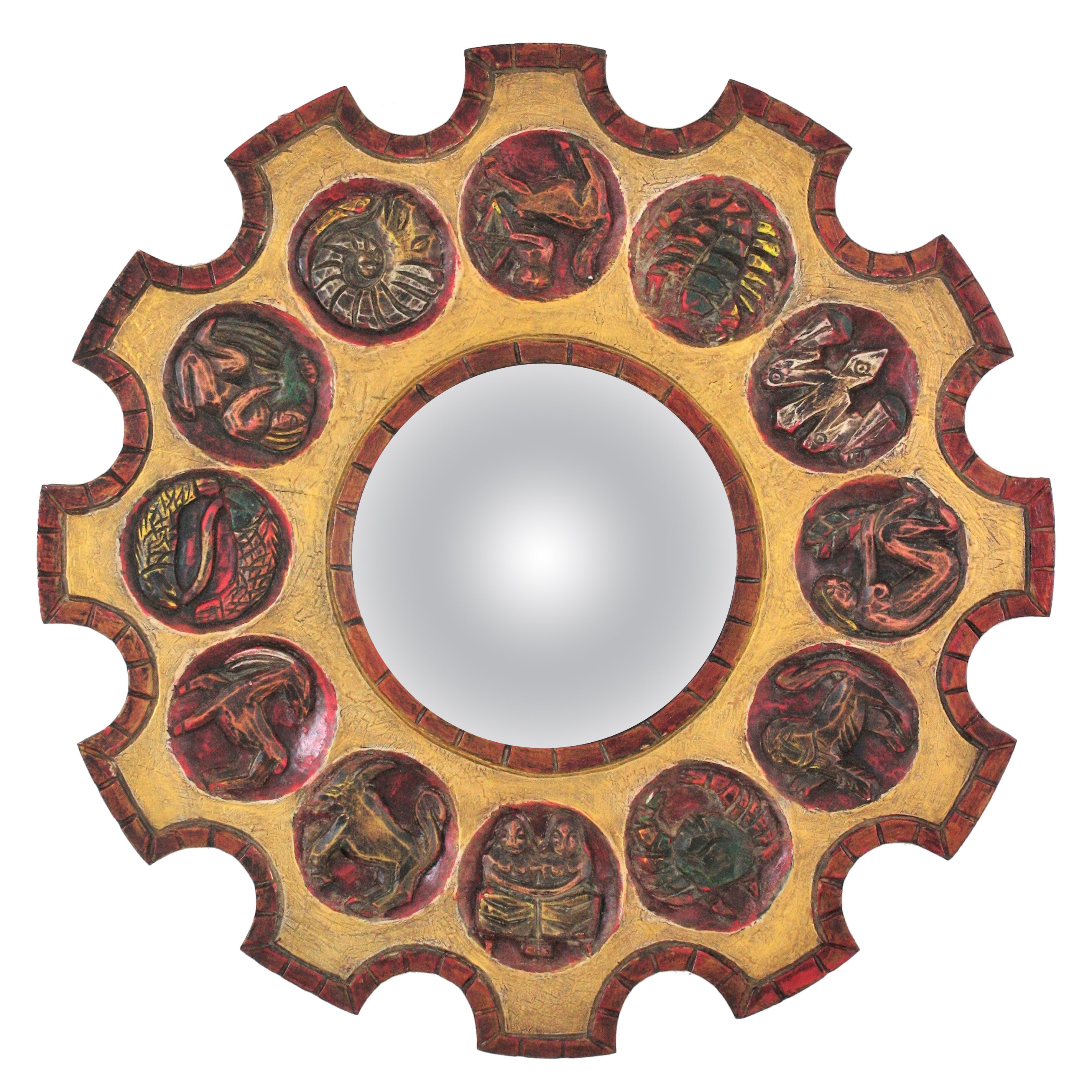 Miroir espagnol en forme de soleil Zodiac avec cadre sculpté en bois doré rouge, années 1950
