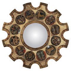 Spanish Zodiac Sunburst Mirror with Red Giltwood Carved Frame, Arnolfini, 1950s