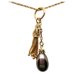 "Spare Parts" Necklace in 14K Gold with Tahitian Pearl Drop & Vintage Tassel Fob