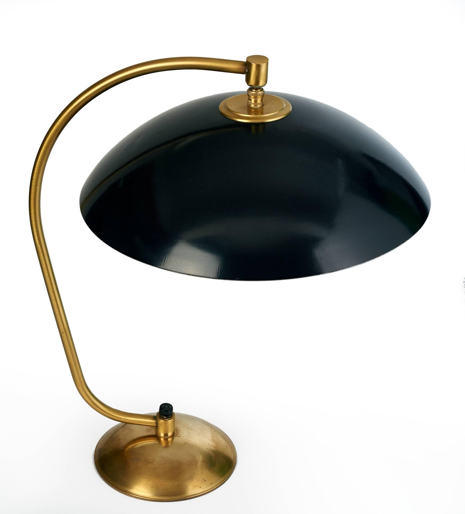 American Kurt Versen, Spare Modernist Black Enamel and Brass Table Lamp, 1940's