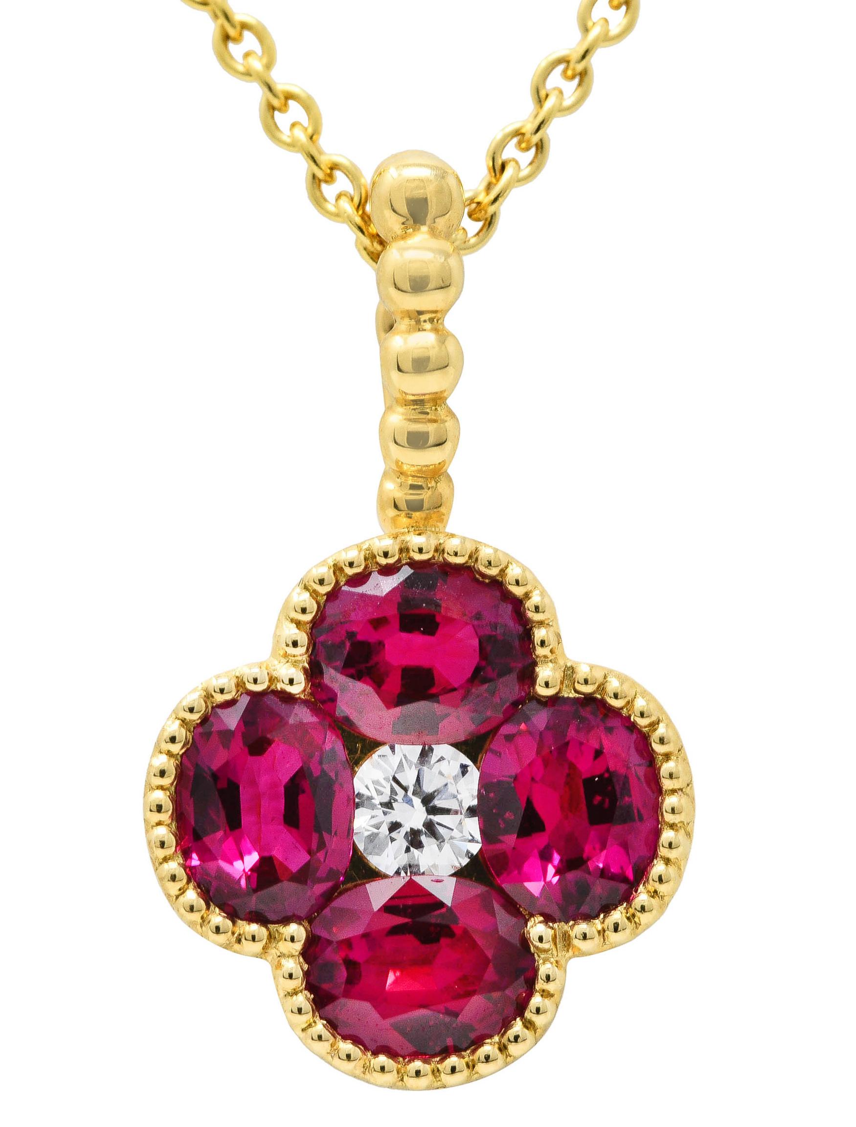 Spark 1.51 Carats Ruby Diamond 18 Karat Yellow Gold Flower Pendant Necklace 5