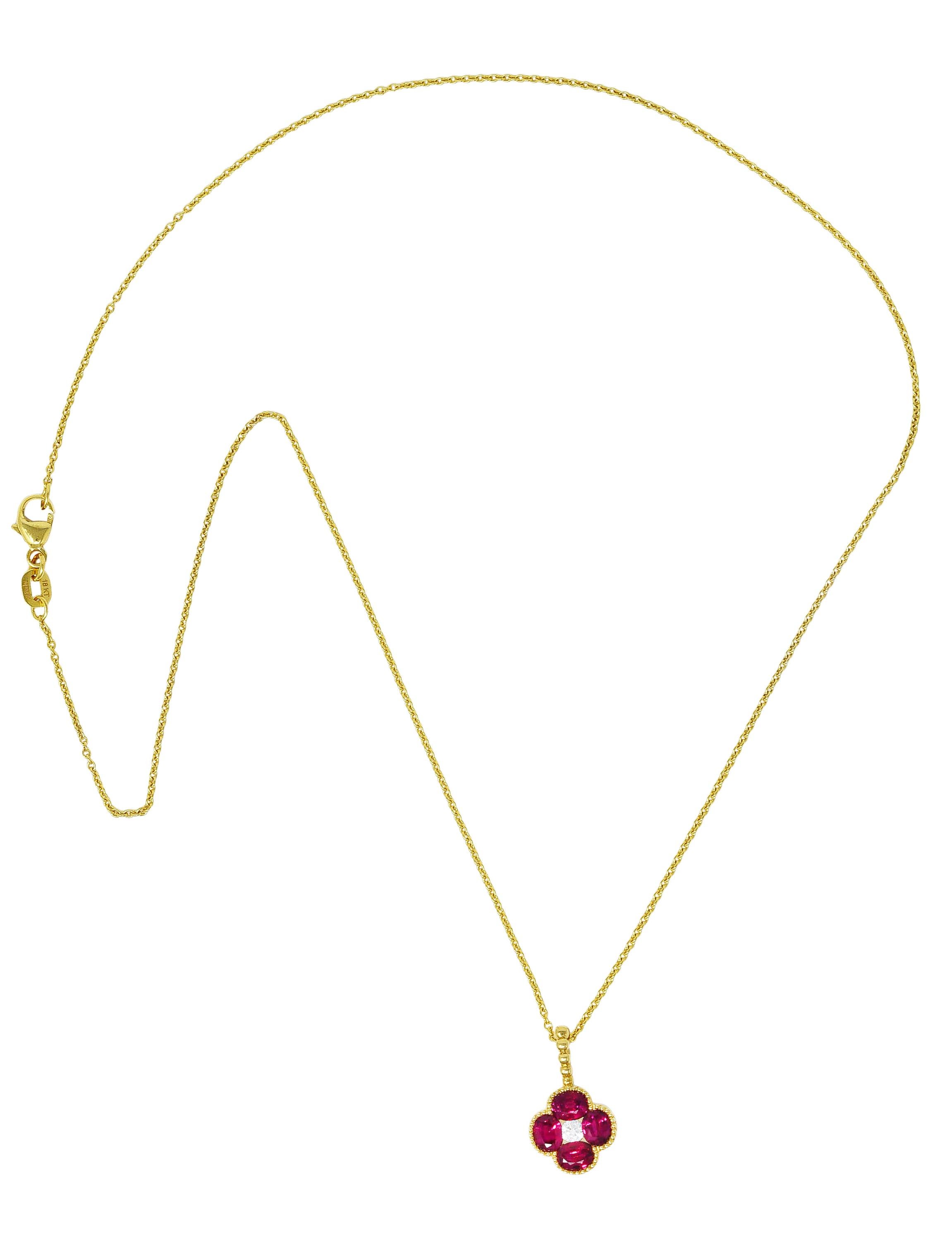Cable chain necklace features a stylized flower pendant. Petals are comprised of oval cut rubies weighing in total approximately 1.40 carat. Eye clean and very well matched in strongly purplish red color. Centering a round brilliant cut diamond