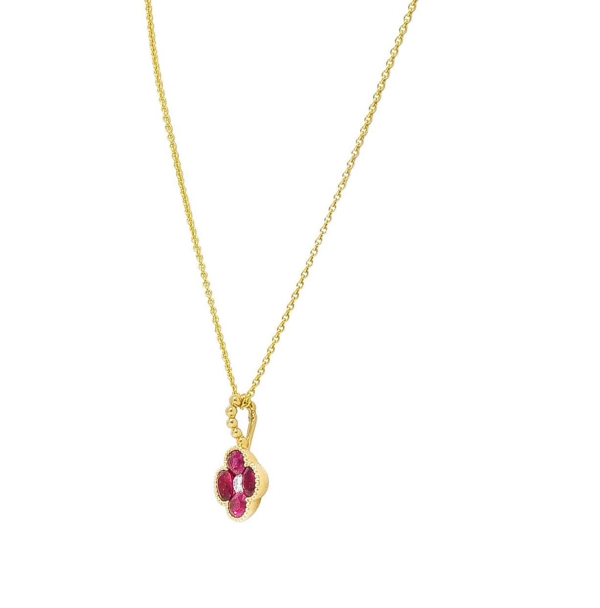 Contemporary Spark 1.51 Carats Ruby Diamond 18 Karat Yellow Gold Flower Pendant Necklace