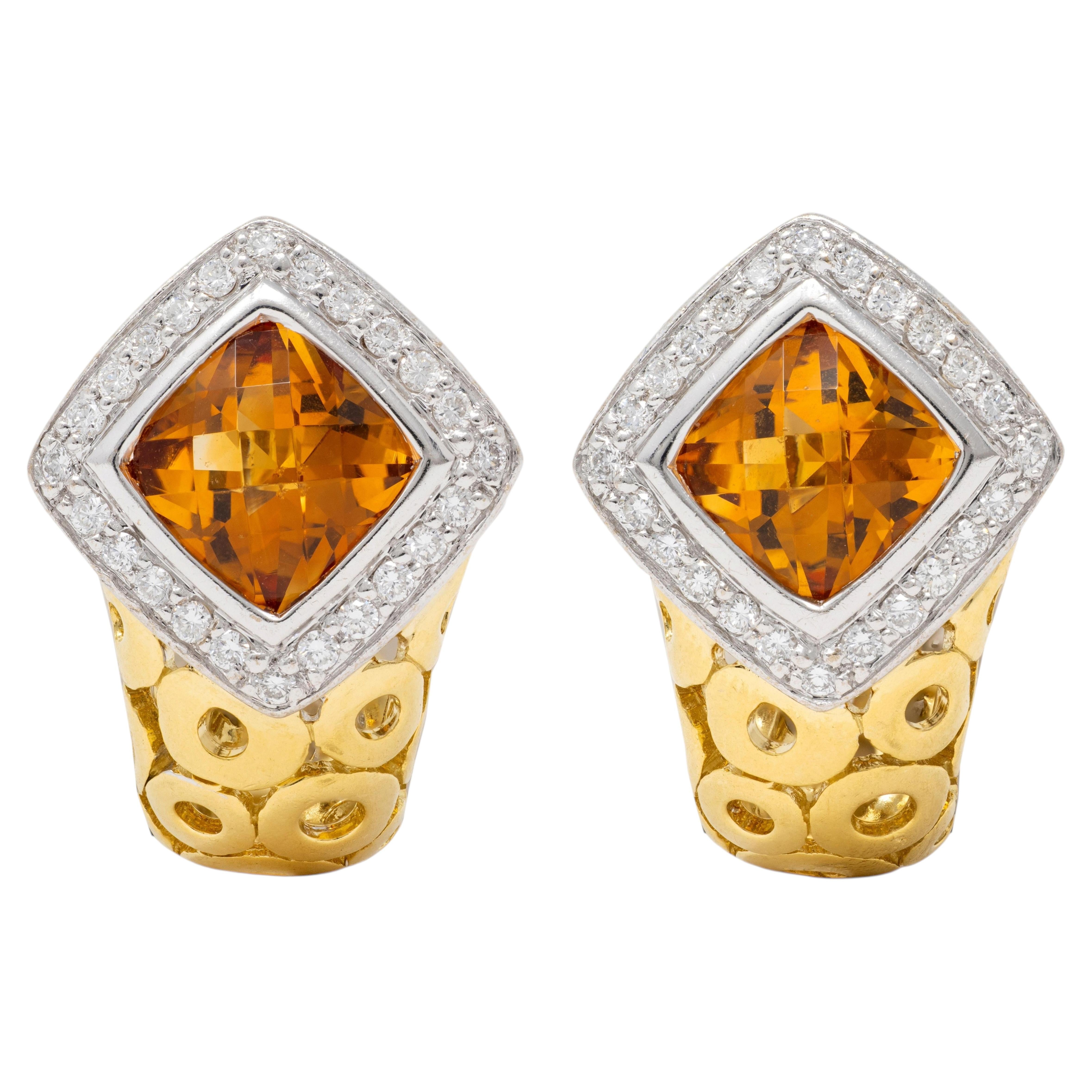 Spark 1990's Citrine Diamond 18 Karat Gold Vintage Geometric J-Hoop Eop