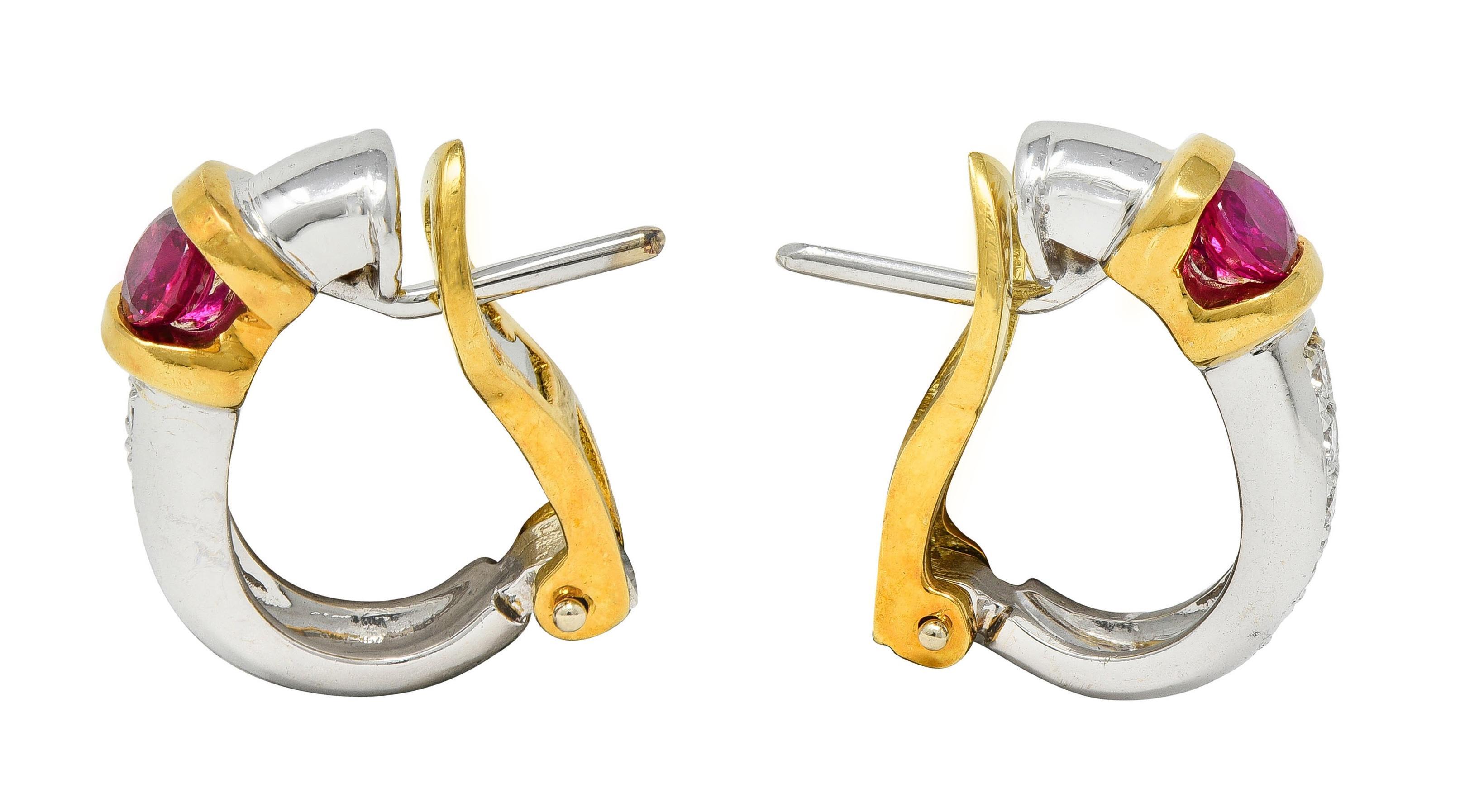 Round Cut Spark 1990's Ruby Diamond 18 Karat Two-Tone Gold Vintage J-Hoop Earring For Sale