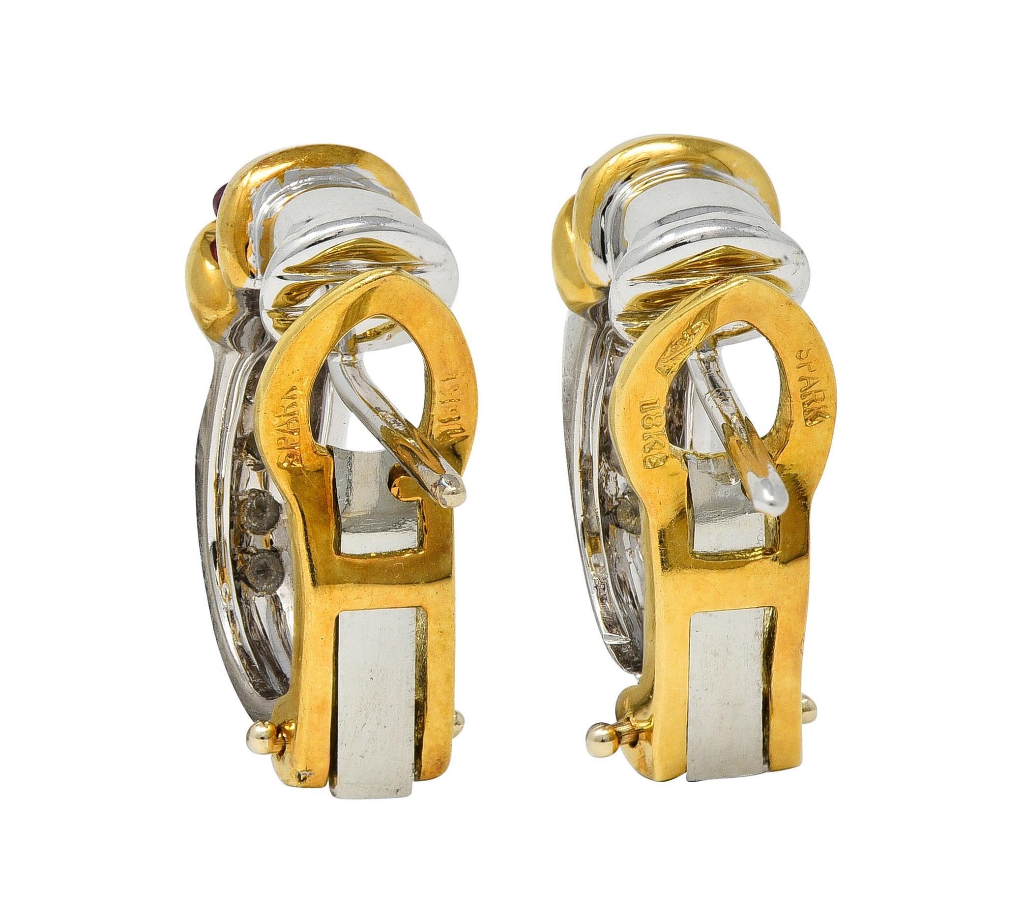 Spark 1990's Ruby Diamond 18 Karat Two-Tone Gold Vintage J-Hoop Earring In Excellent Condition For Sale In Philadelphia, PA