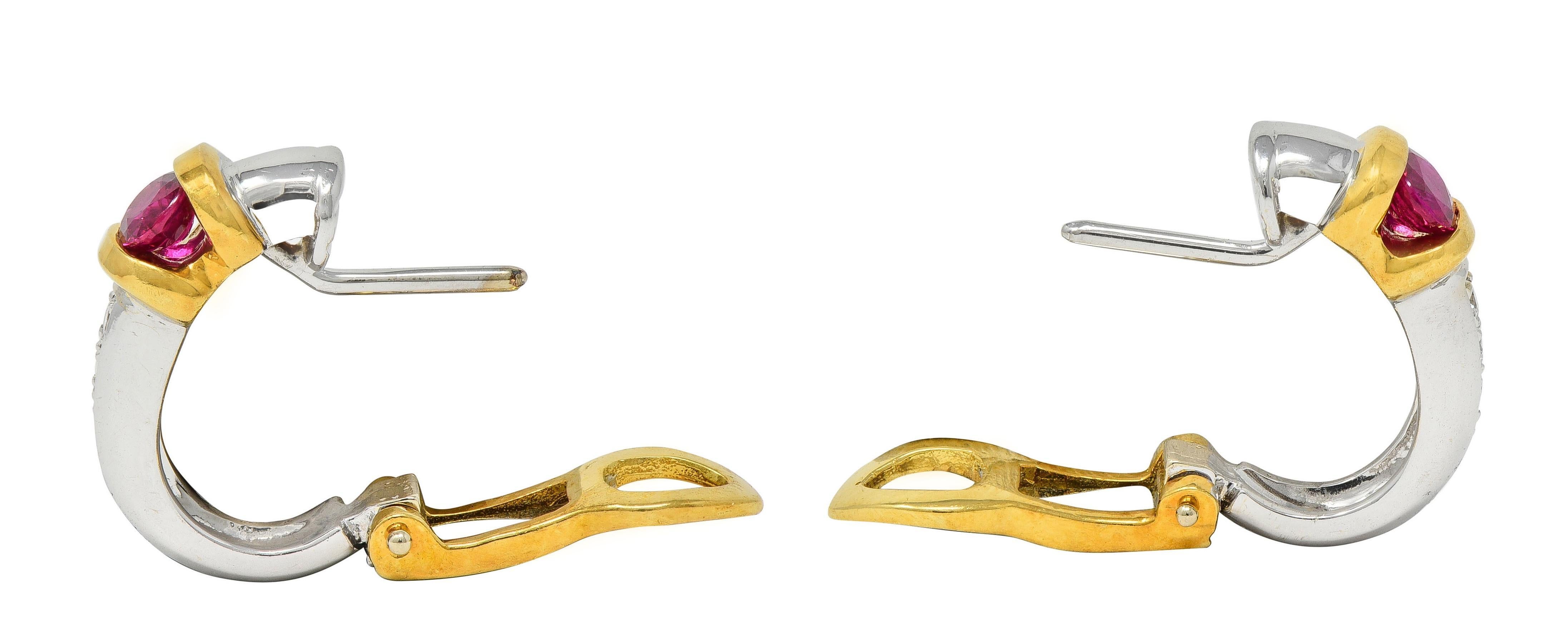 Women's or Men's Spark 1990's Ruby Diamond 18 Karat Two-Tone Gold Vintage J-Hoop Earring For Sale