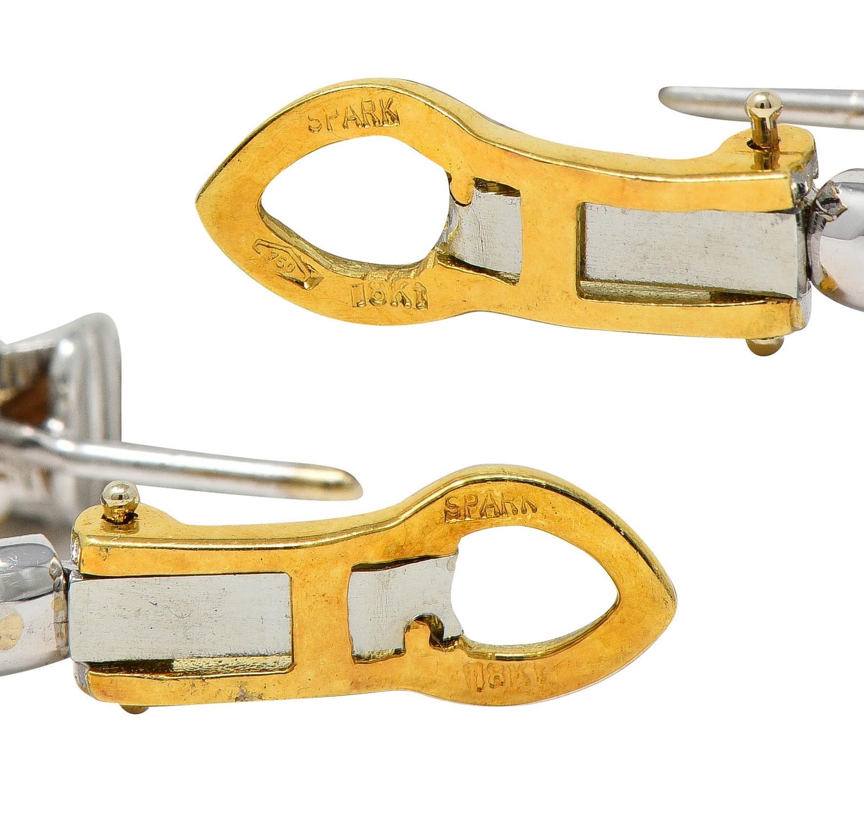 Spark 1990's Ruby Diamond 18 Karat Two-Tone Gold Vintage J-Hoop Earring For Sale 1