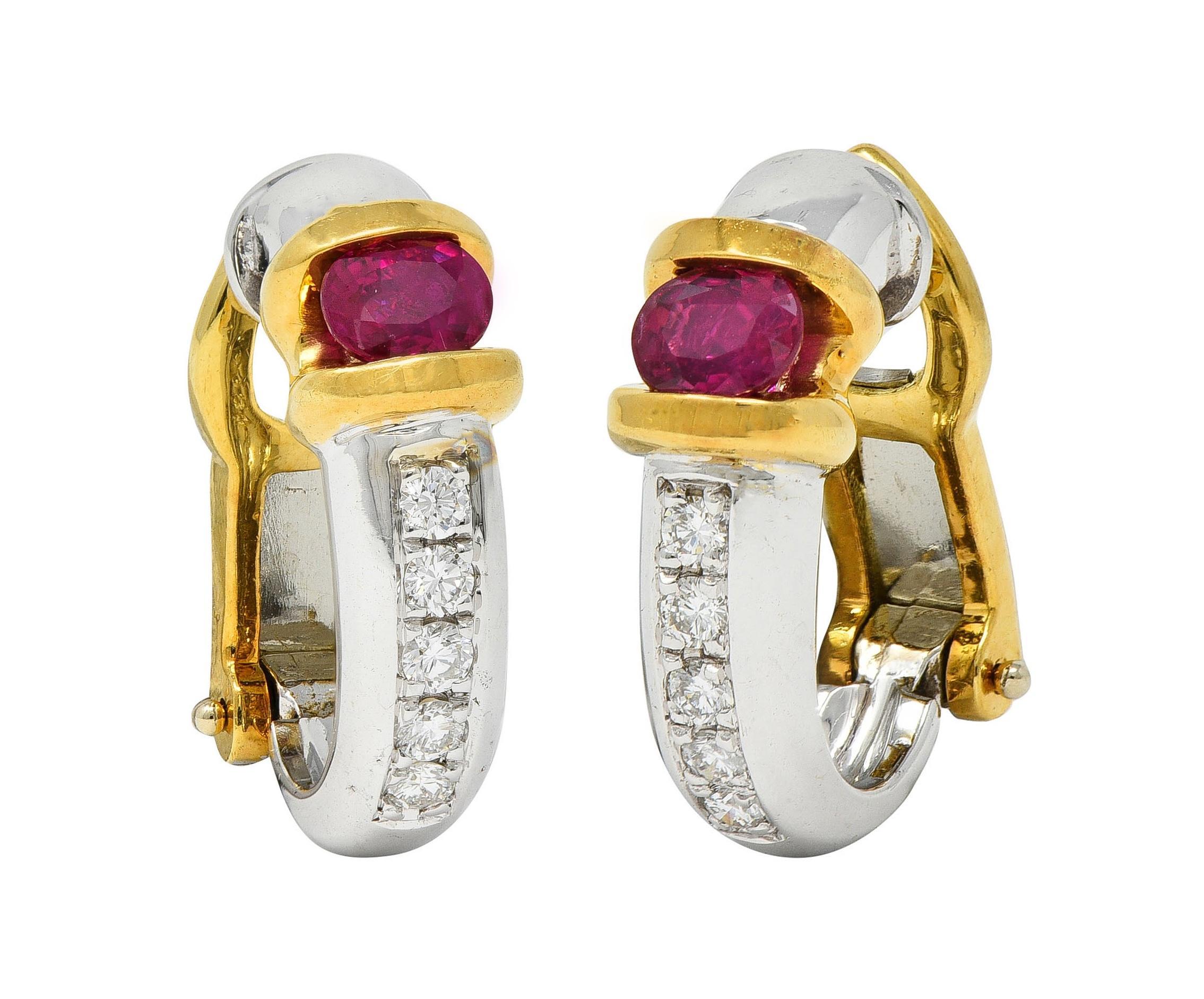 Spark 1990's Ruby Diamond 18 Karat Two-Tone Gold Vintage J-Hoop Earring For Sale 2