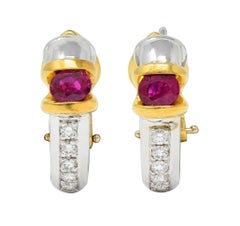 Spark 1990's Ruby Diamond 18 Karat Two-Tone Gold Vintage J-Hoop Earring