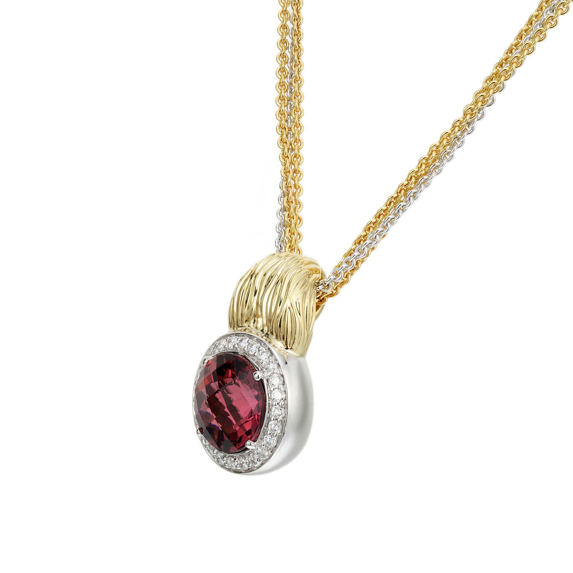 Spark bright pink tourmaline diamond pendant two-tone gold multi-strand necklace. Pink round tourmaline with a halo of round cut diamonds.  18k yellow and white gold from the faceted collection. Pendant and chain both stamped Spark 18k. 17 inches in