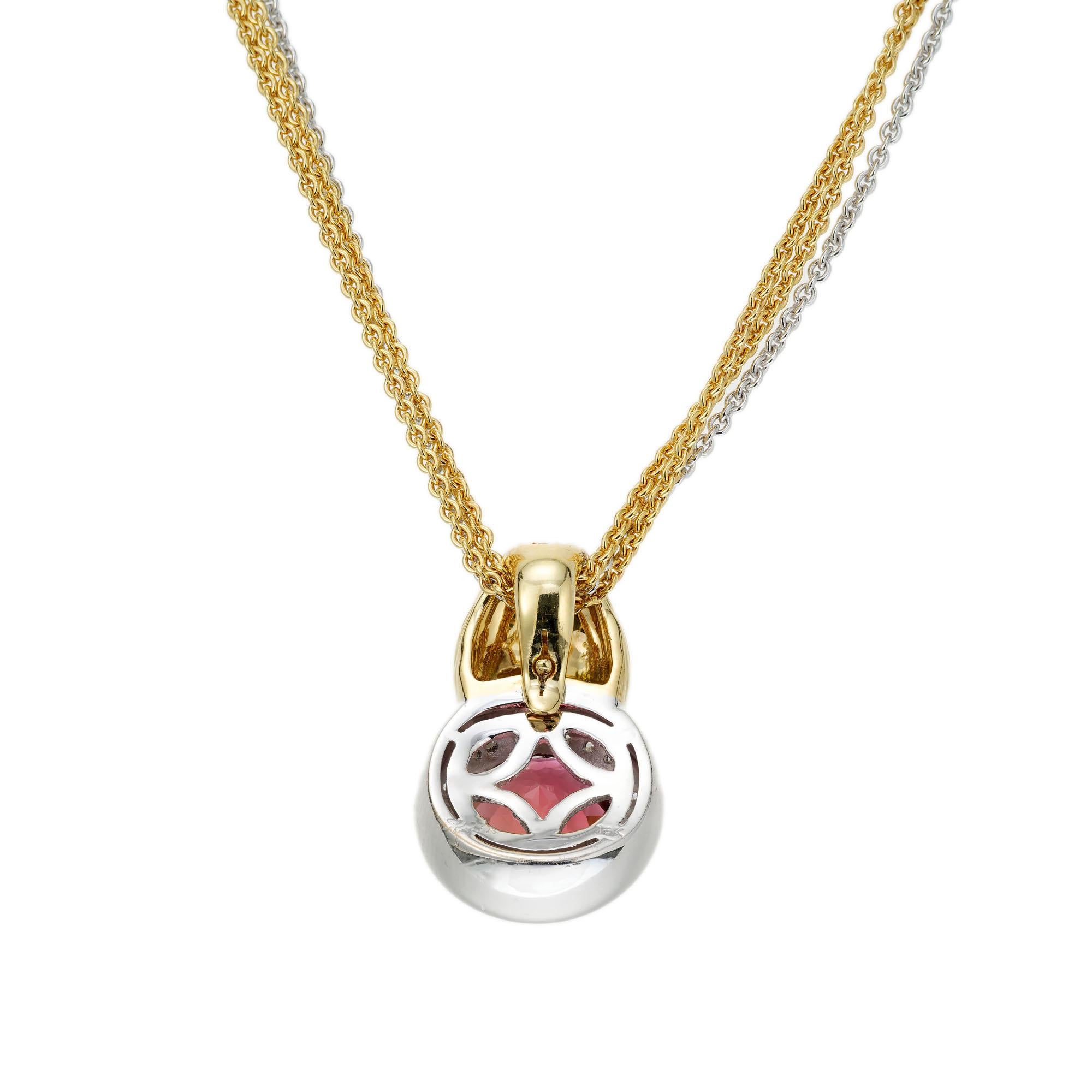 Round Cut Spark 4.99 Carat Pink Tourmaline Diamond Multi-Strand Two-Tone Gold Necklace For Sale