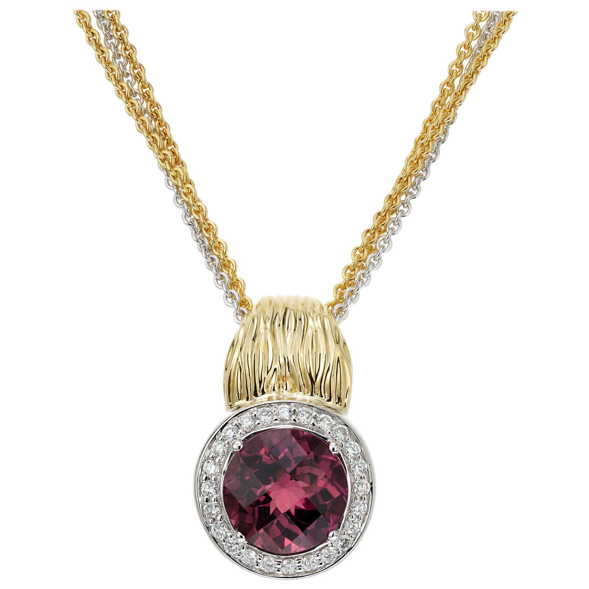 Spark 4.99 Carat Pink Tourmaline Diamond Multi-Strand Two-Tone Gold Necklace For Sale