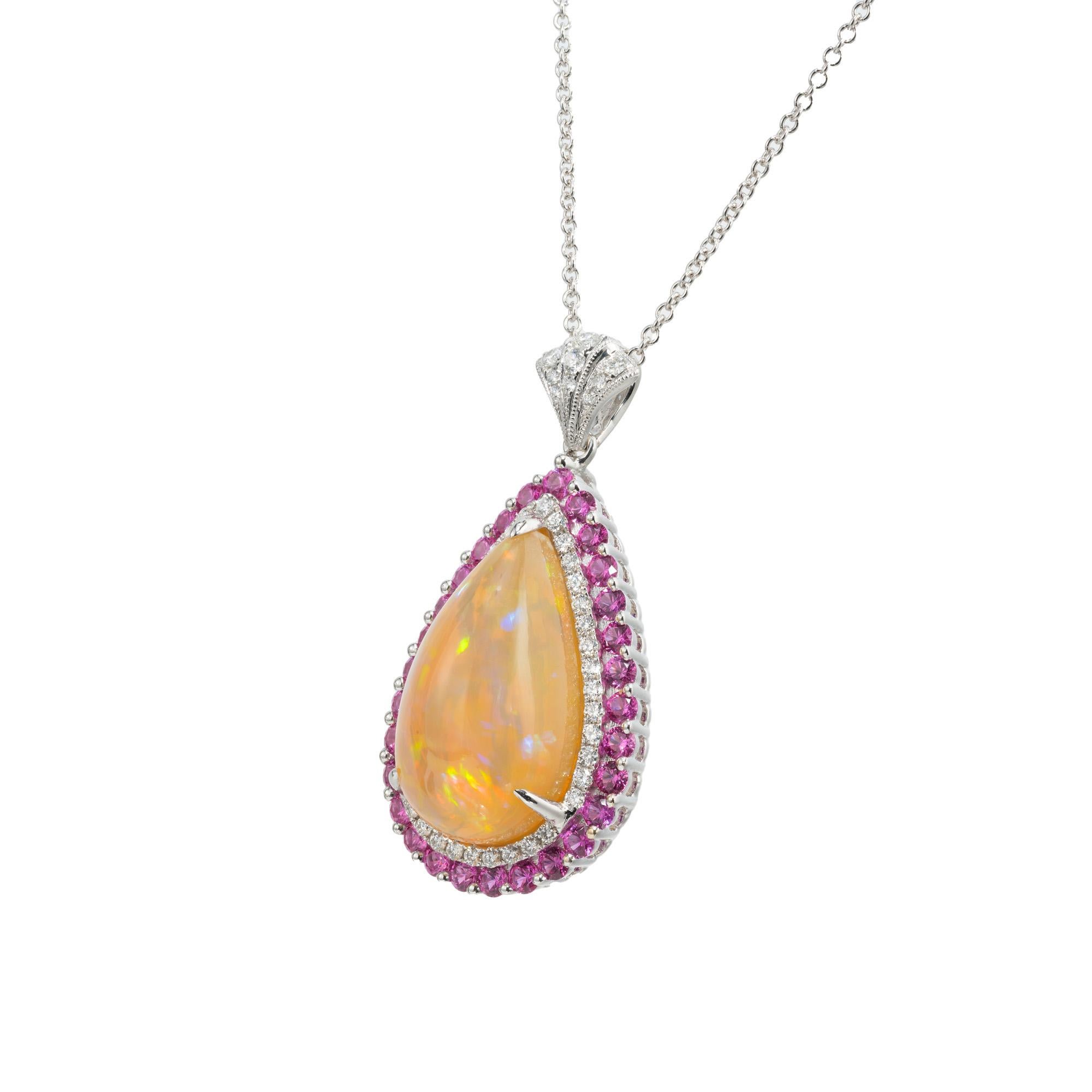 Cabochon Spark 8.23 Carat Opal Pink Sapphire Diamond White Gold Pendant Necklace For Sale