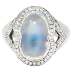 Spark Contemporary Rainbow Moonstone Diamond 18 Karat White Gold Halo Ring