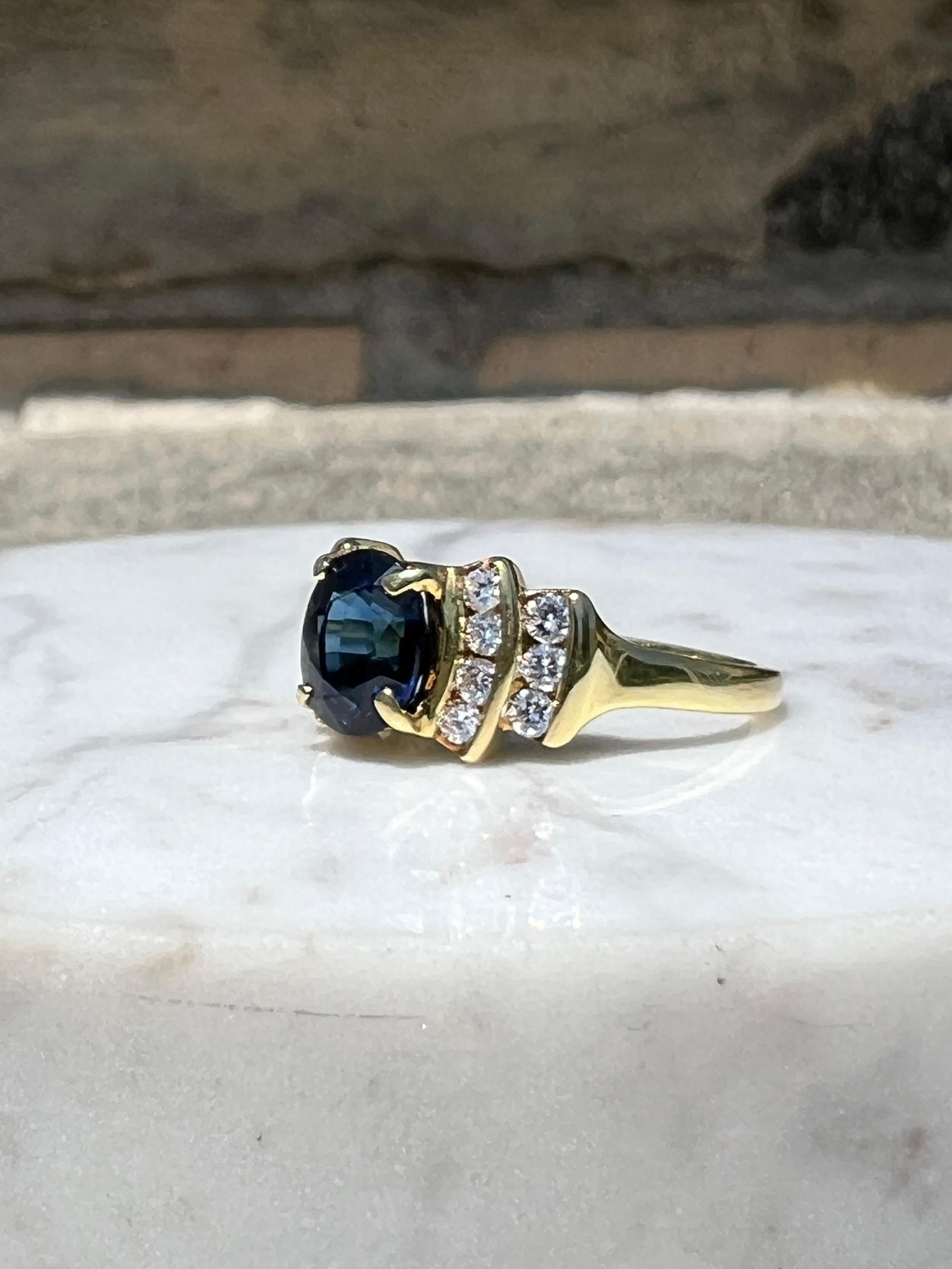 Contemporary Spark Creations 1.44 Carat Oval Sapphire and Diamond 18k Yellow Gold Ring For Sale