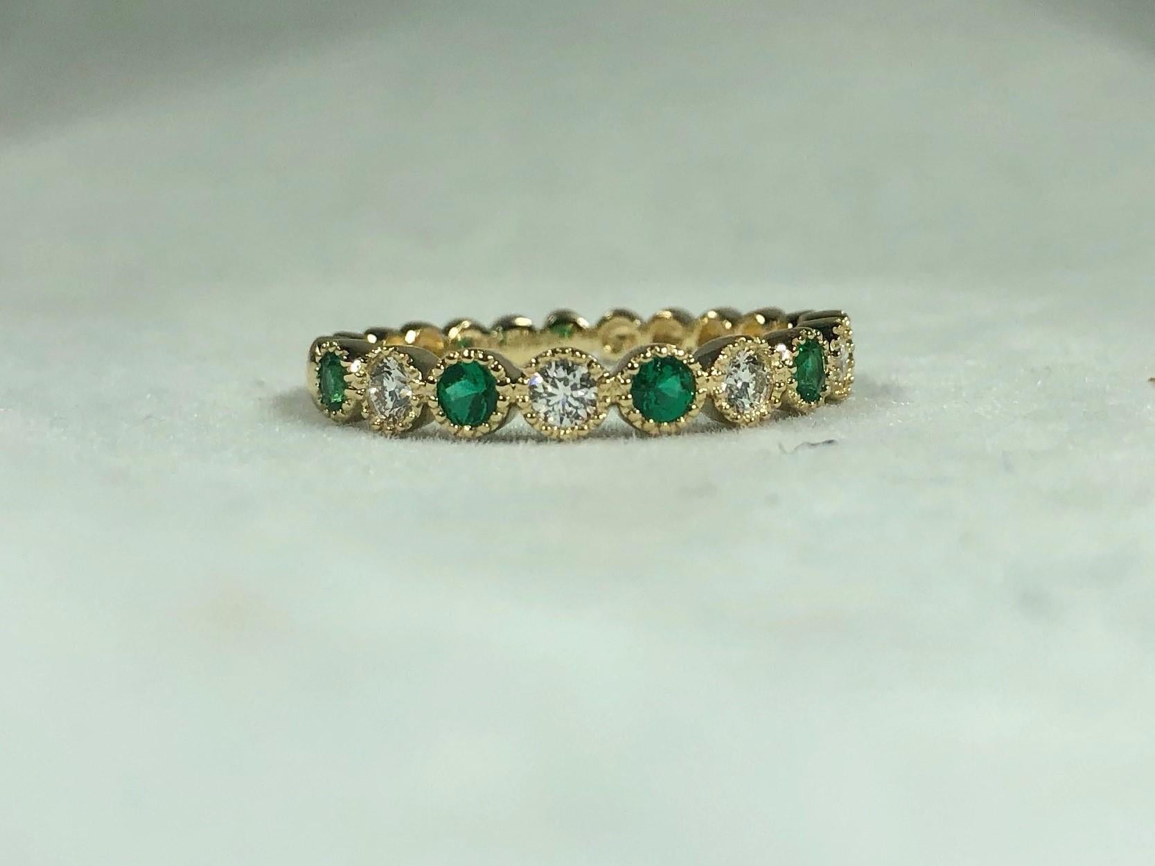 Round Cut Spark Creations 18 Karat Diamond and Emerald Stacking Band