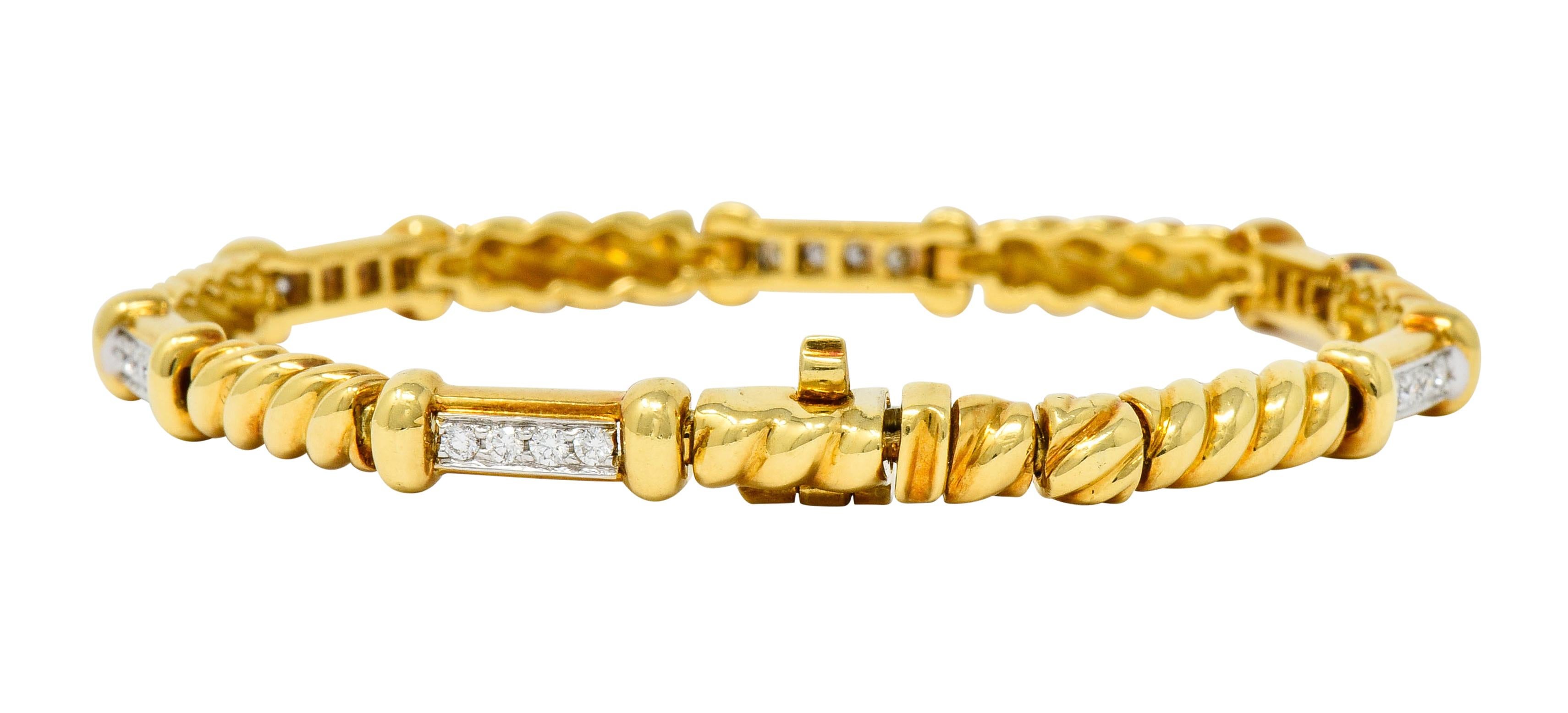 Contemporary Spark Creations Diamond 18 Karat Two-Tone Gold Ribbed Link Bracelet
