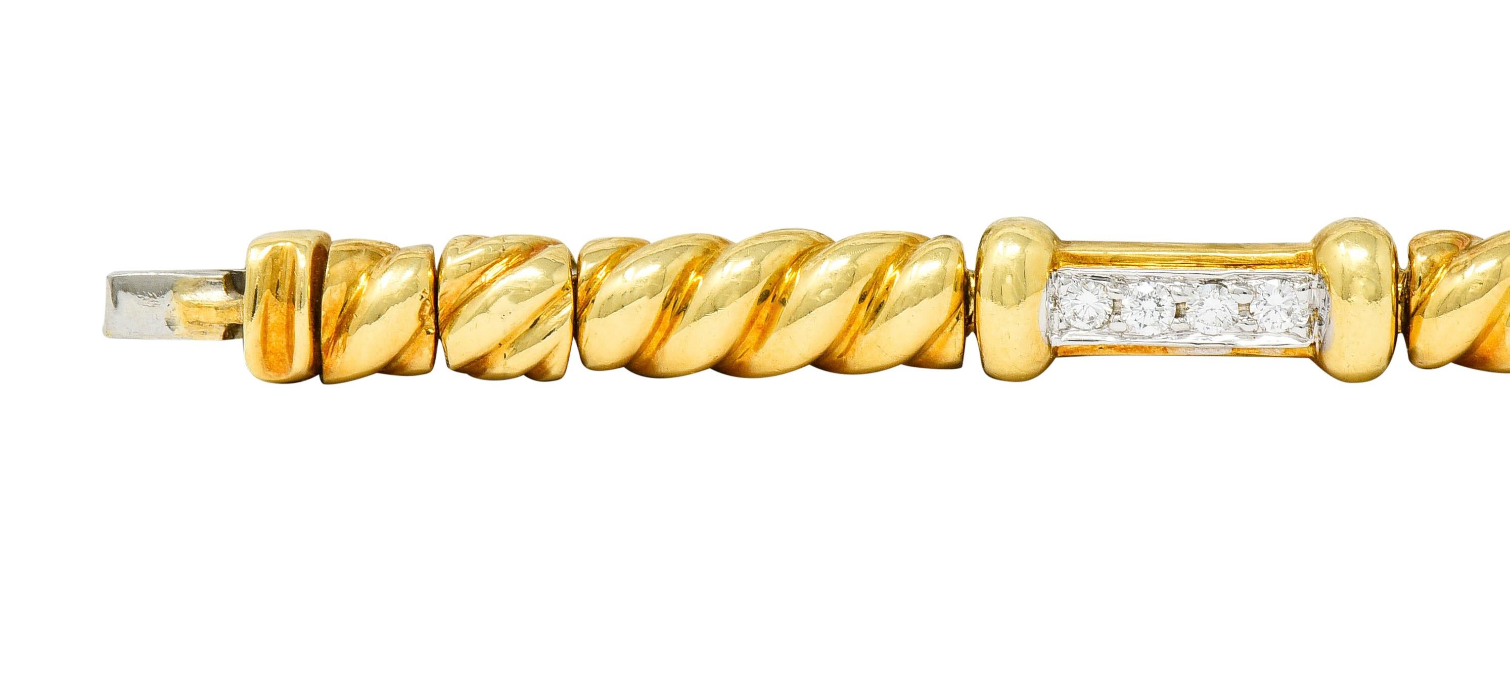 Brilliant Cut Spark Creations Diamond 18 Karat Two-Tone Gold Ribbed Link Bracelet