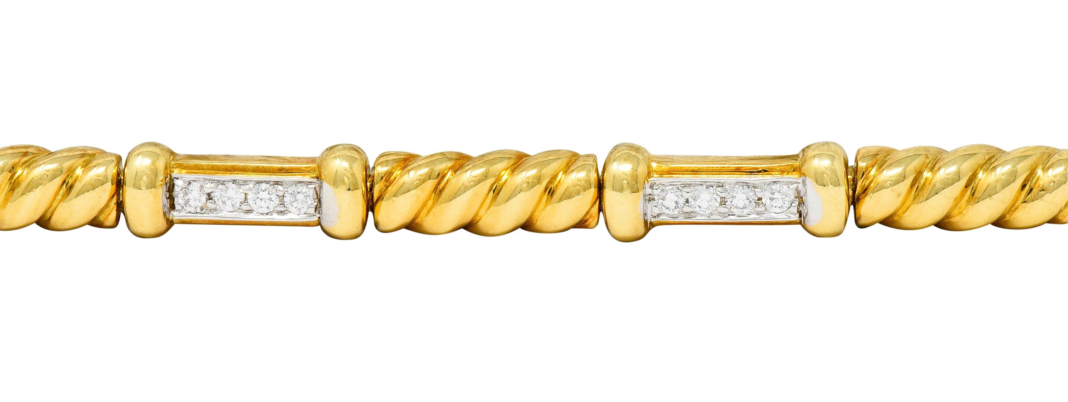 Spark Creations Diamond 18 Karat Two-Tone Gold Ribbed Link Bracelet In Excellent Condition In Philadelphia, PA